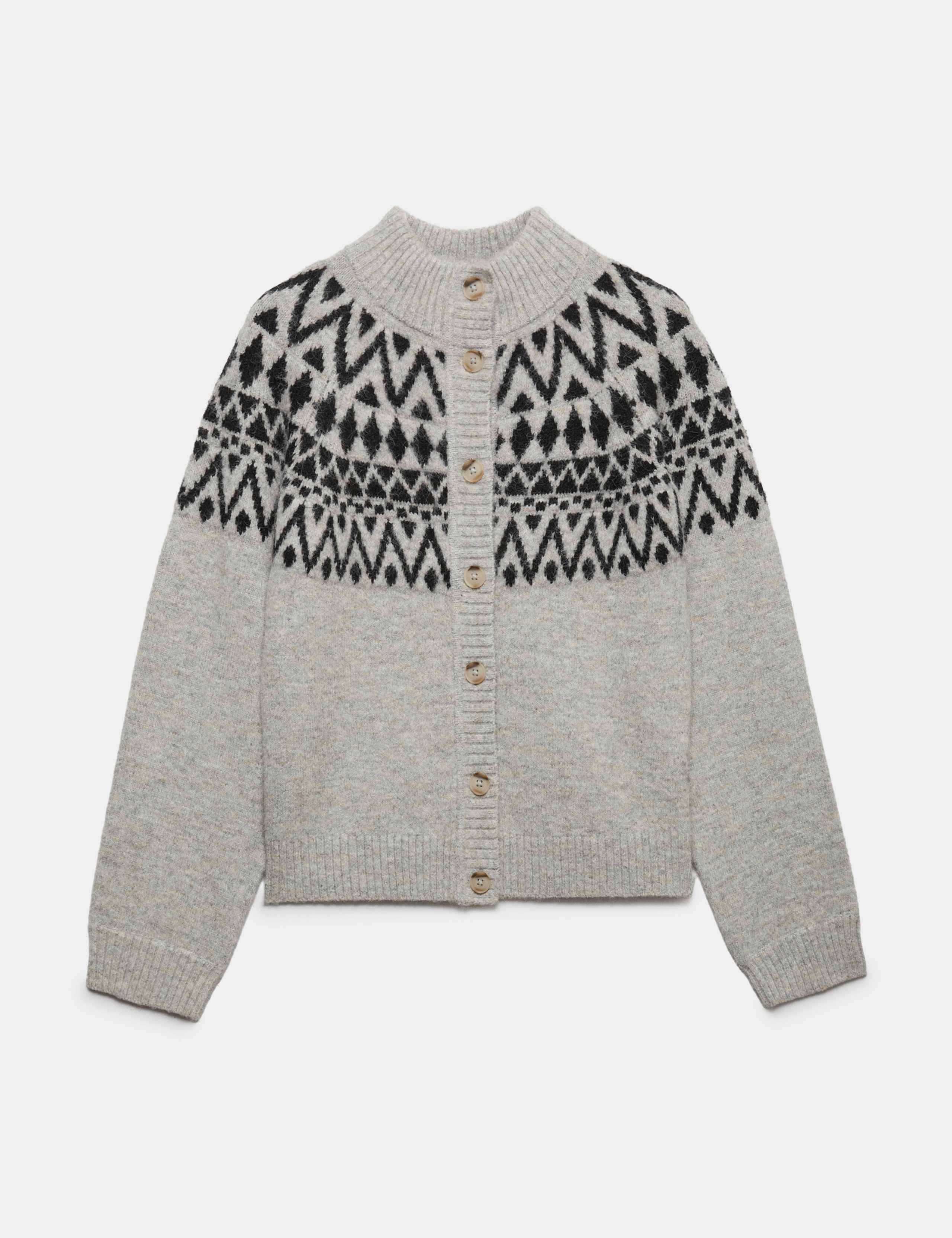 Fair Isle Funnel Neck Button Front Slim Fit Cardigan with Wool 2 of 6