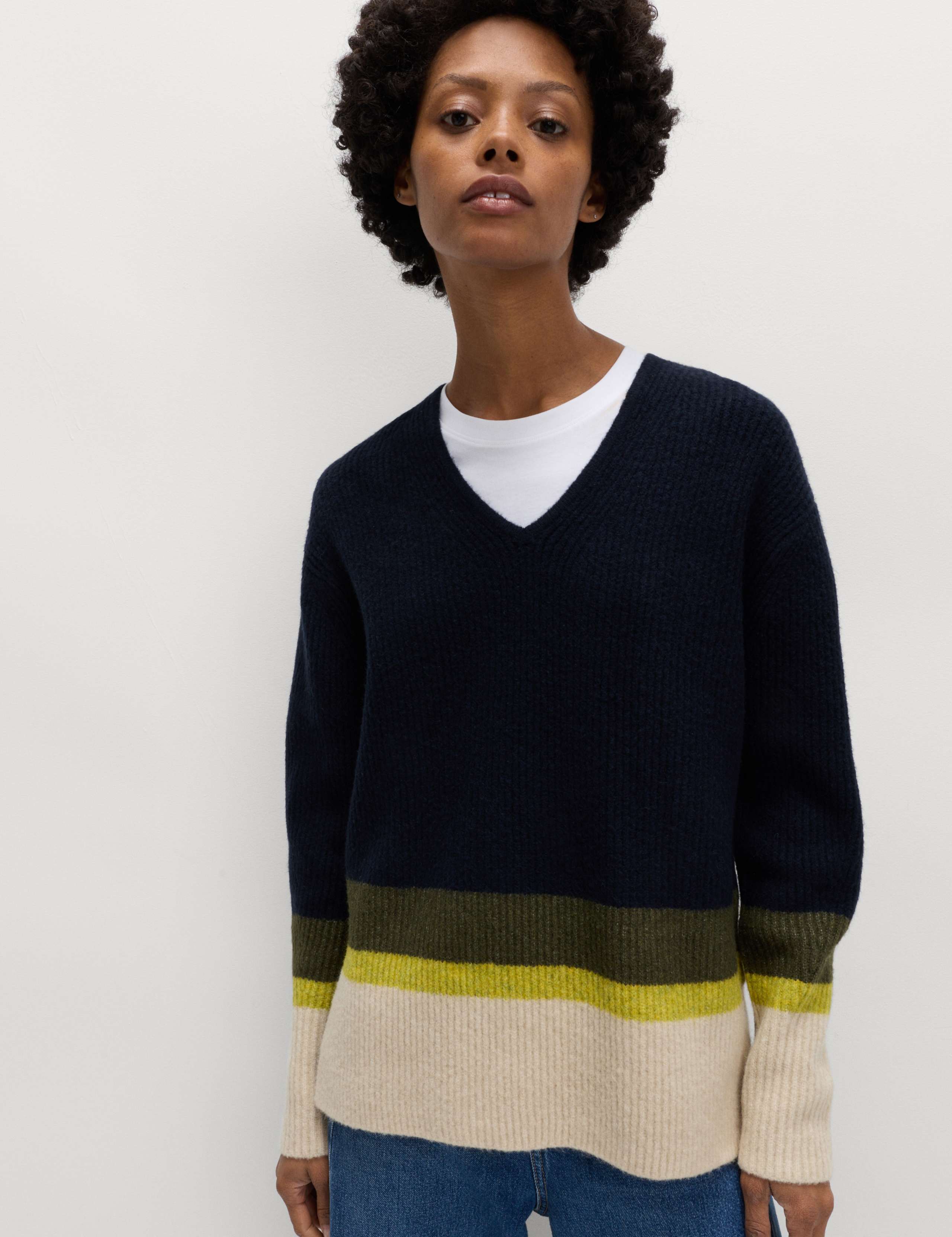 V-Neck Ribbed Striped Jumper With Wool 3 of 5