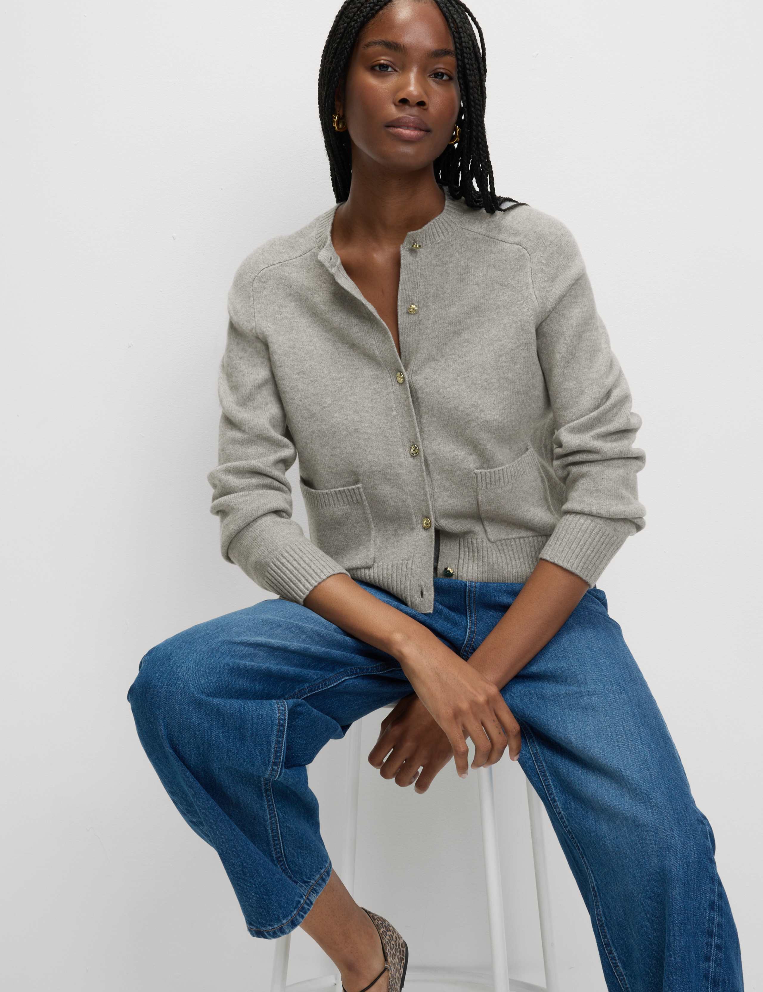 Air-Yarn Crew Neck Button Front Cropped Cardigan 1 of 7