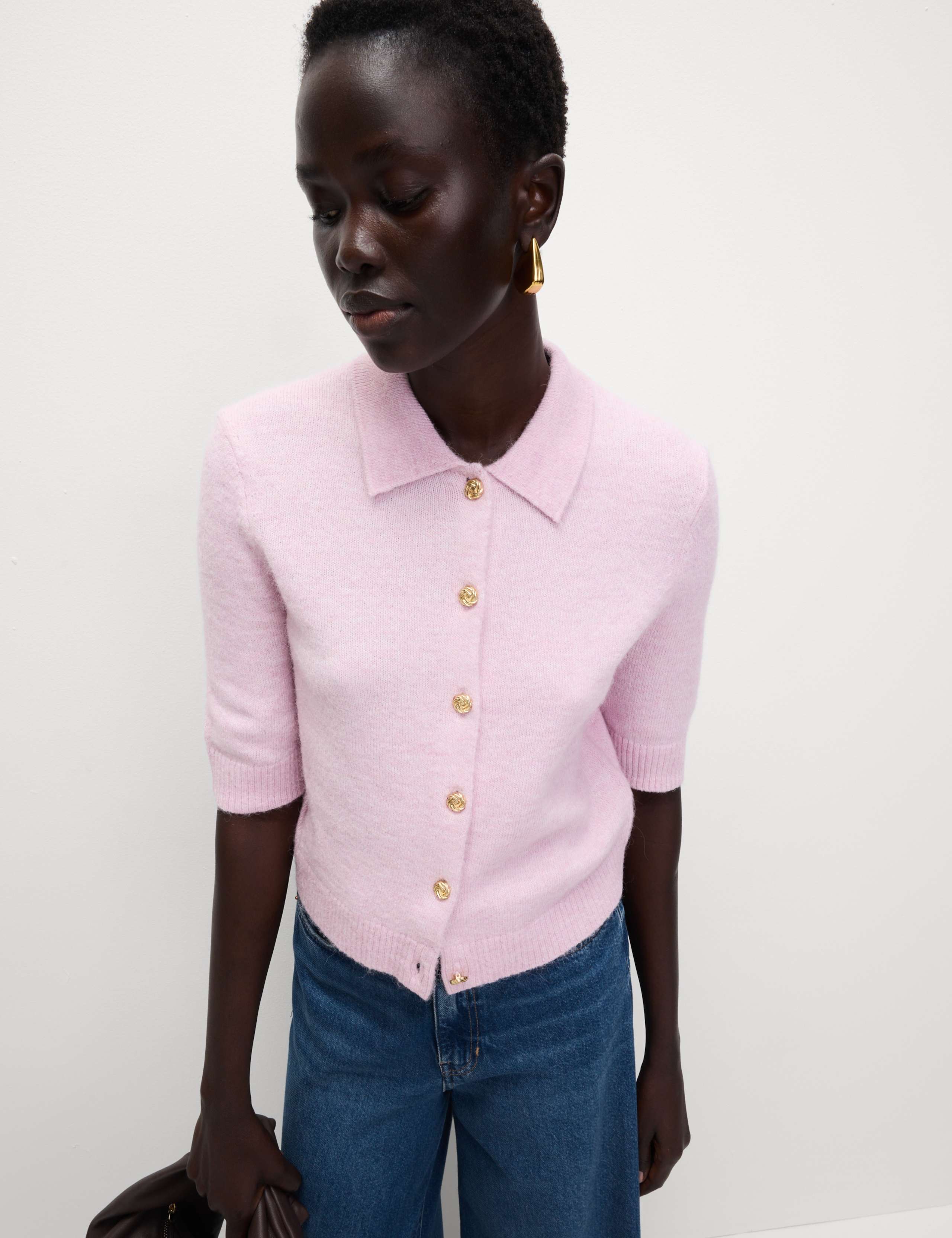 Collared Button Front Short Sleeve Cropped Cardigan with Alpaca 4 of 7
