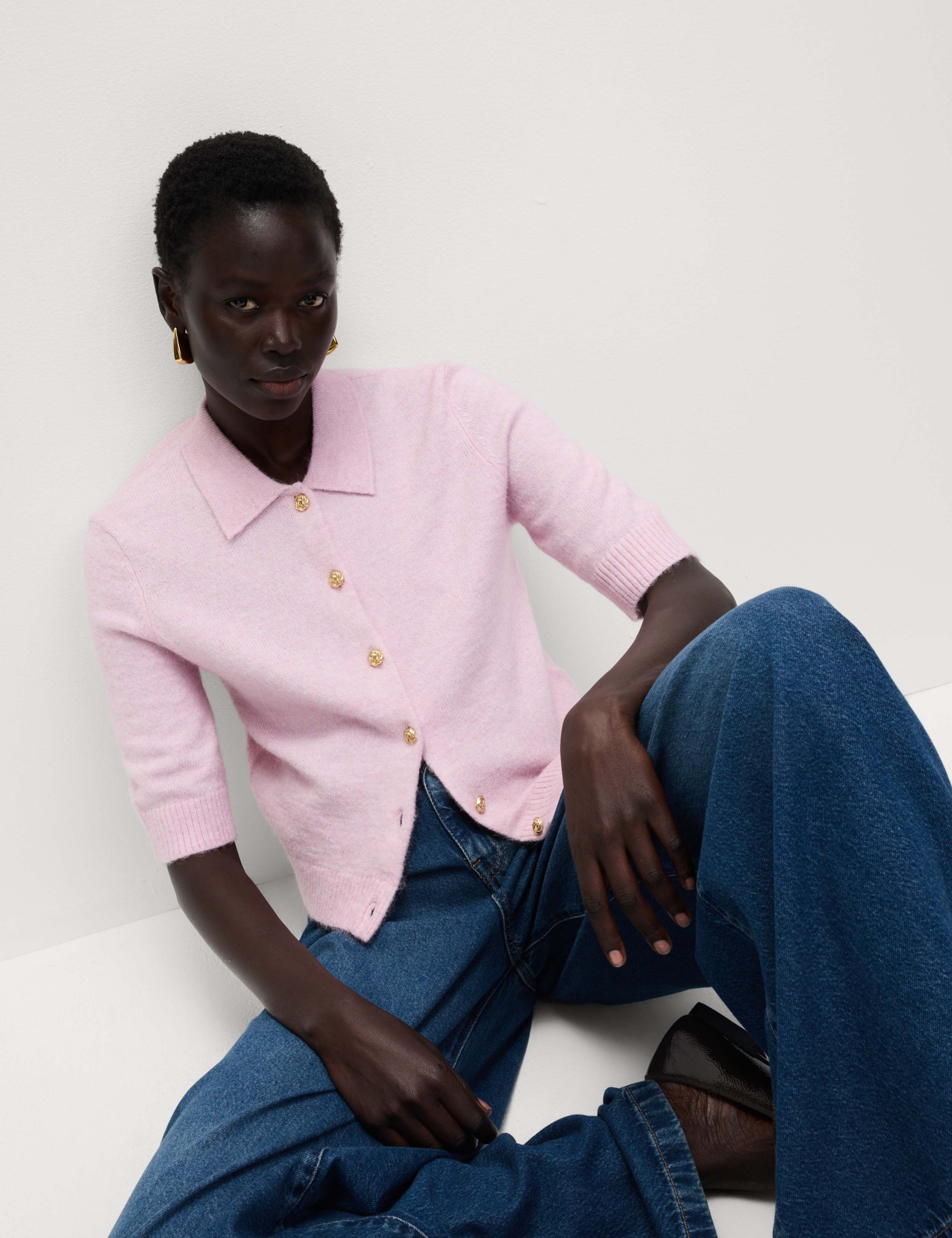 Collared Button Front Short Sleeve Cropped Cardigan with Alpaca 5 of 7
