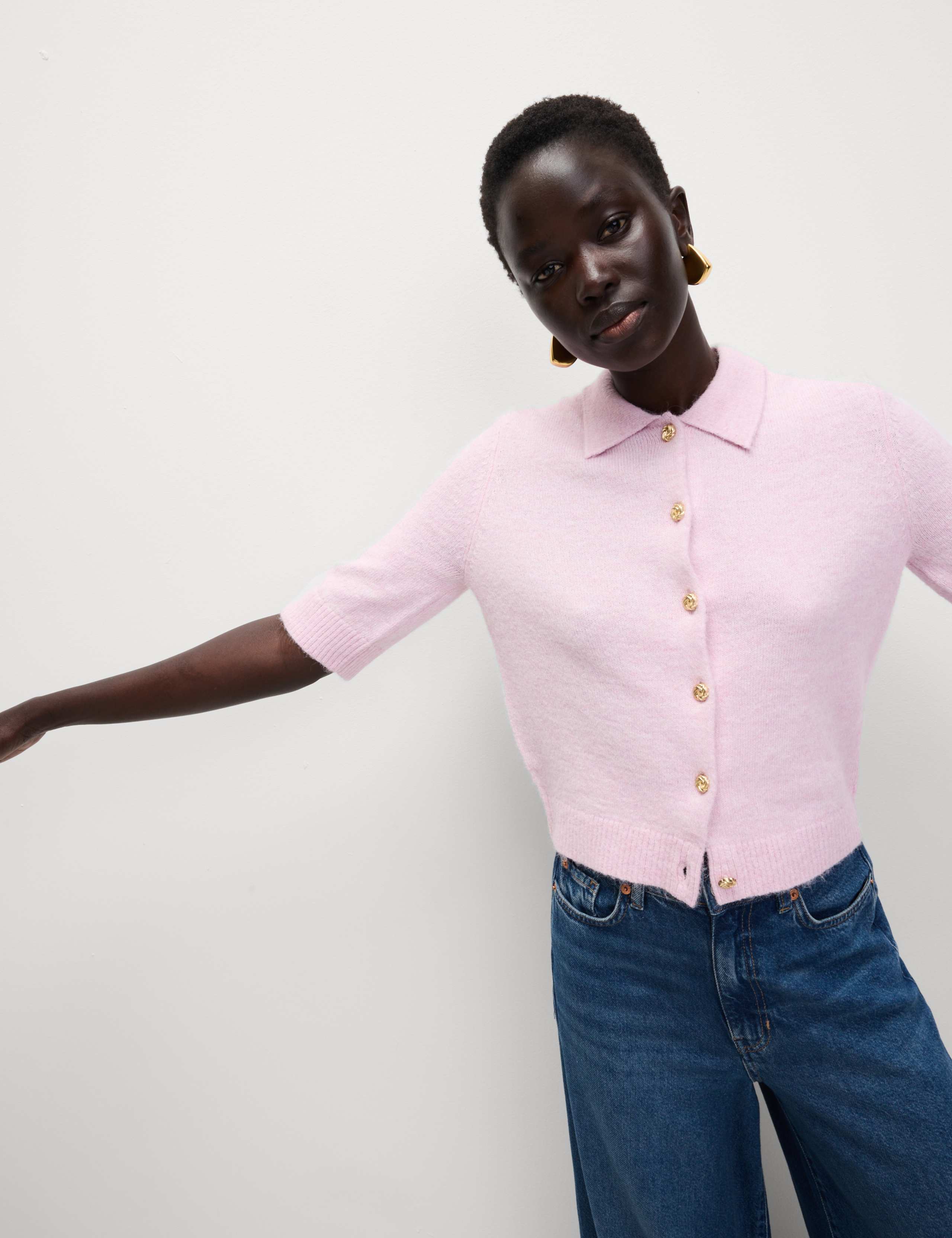 Collared Button Front Short Sleeve Cropped Cardigan with Alpaca 6 of 7