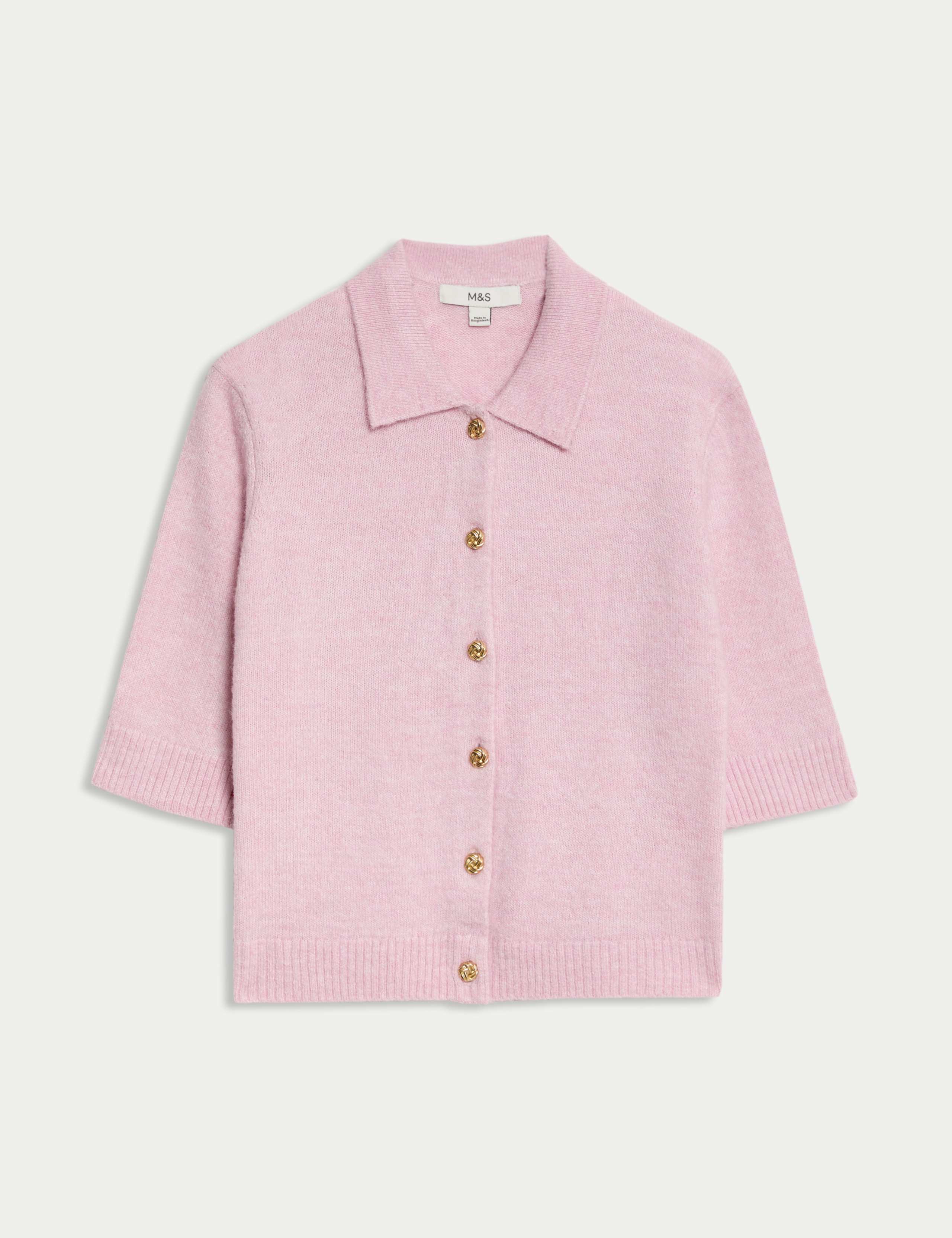 Collared Button Front Short Sleeve Cropped Cardigan with Alpaca 2 of 7