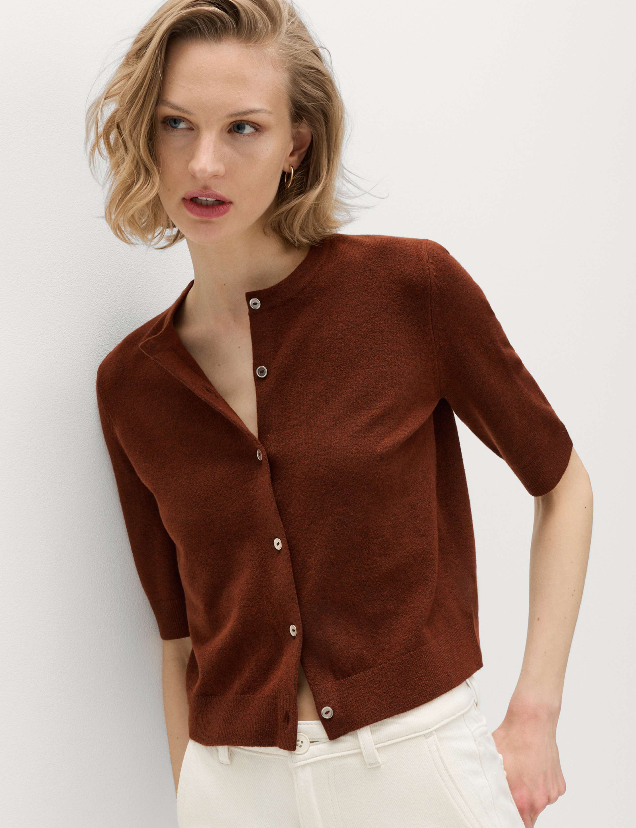 Air-Yarn Button Front Short Sleeve Cropped Cardigan 1 of 5