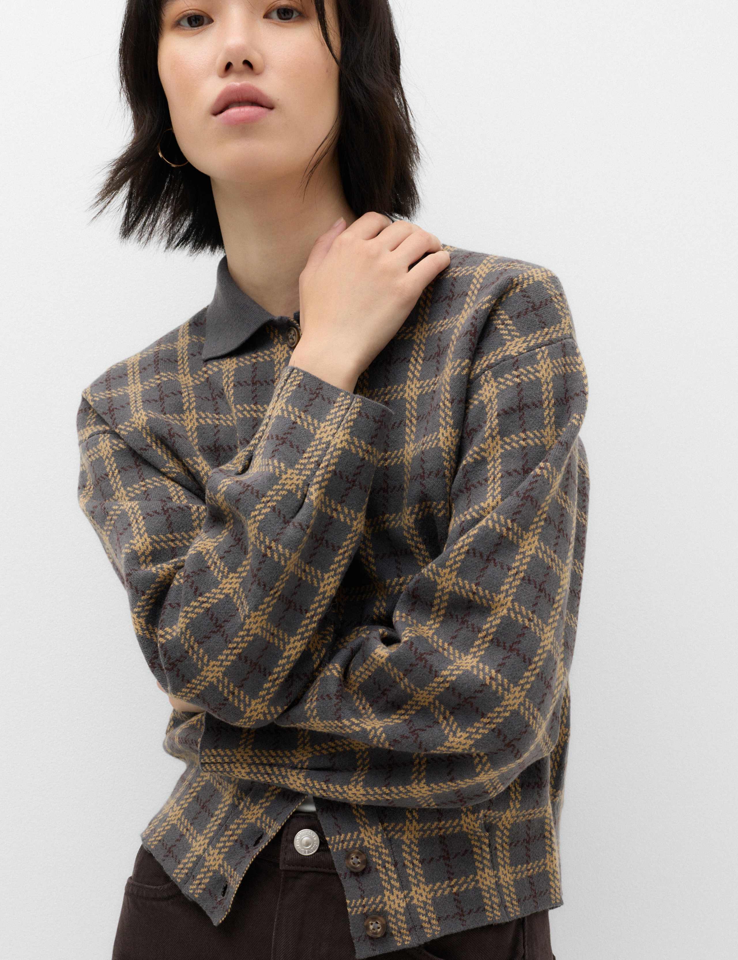 Checked Collared Button Front Cardigan with Wool 1 of 5