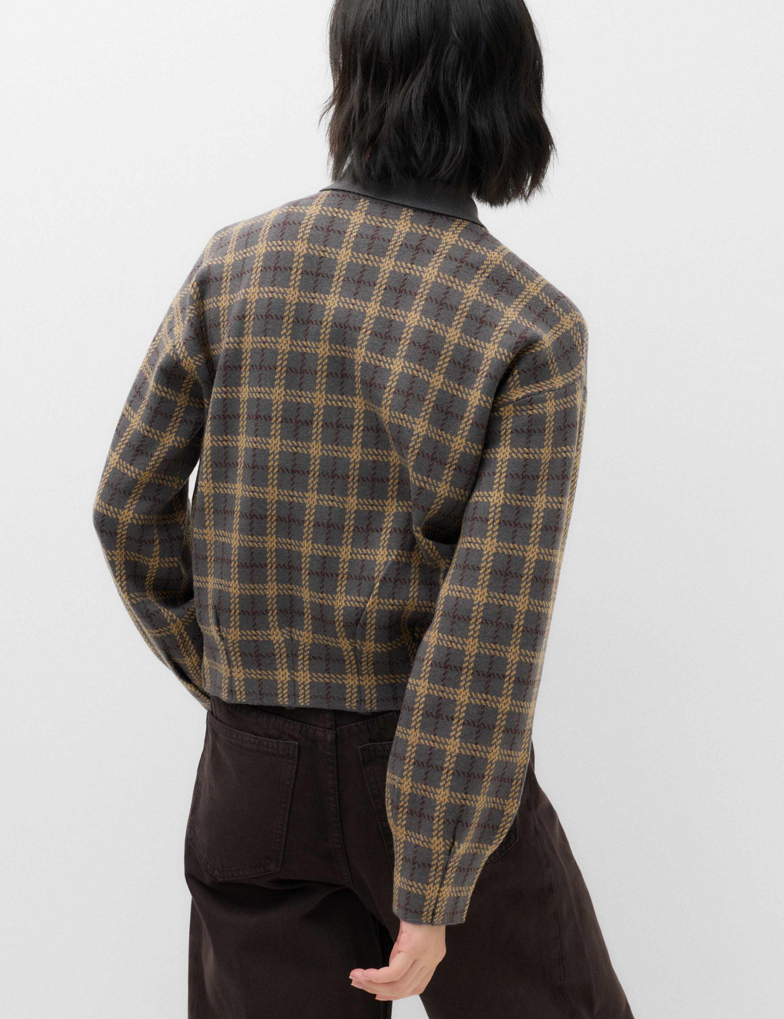 Checked Collared Button Front Cardigan with Wool 3 of 5