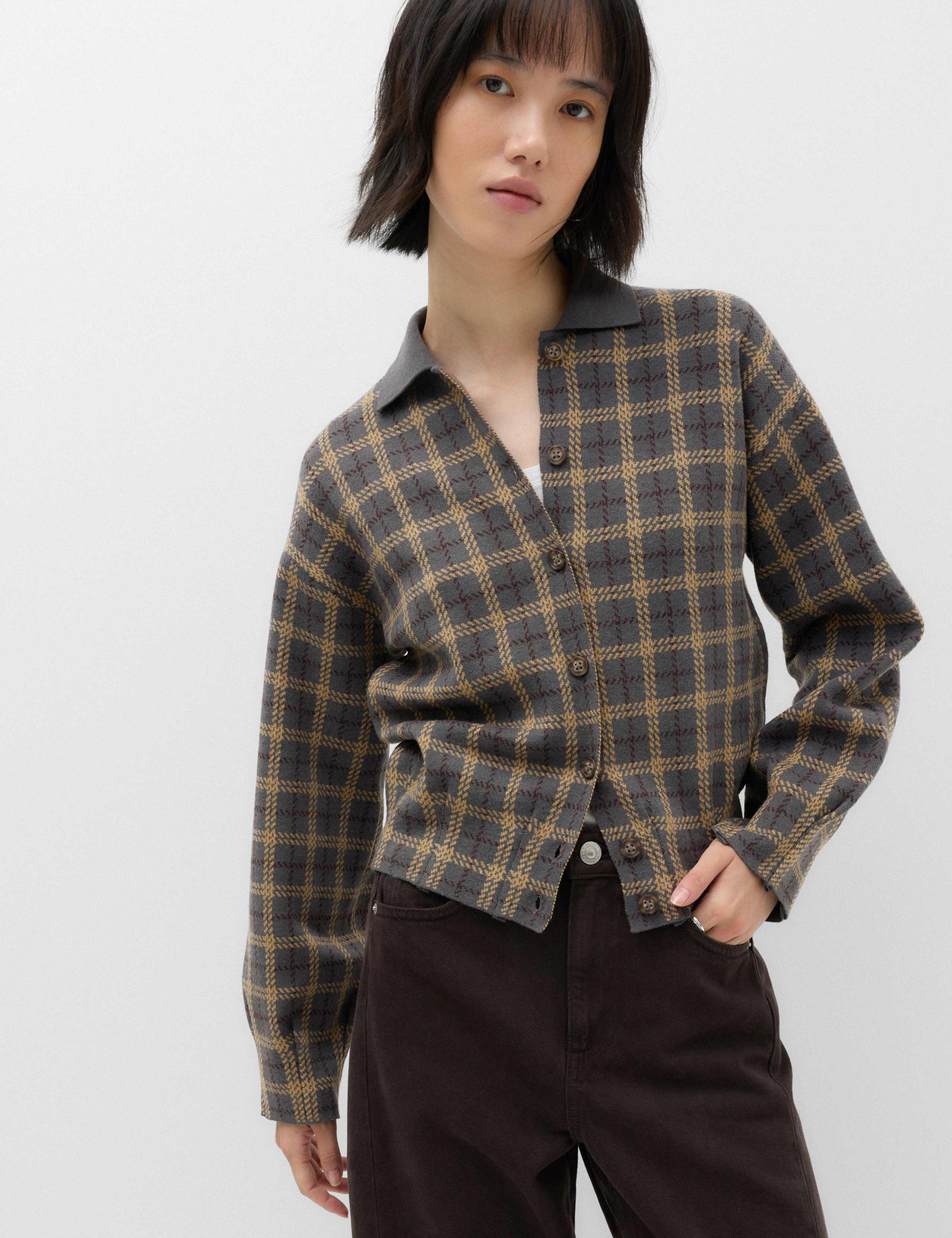 Checked Collared Button Front Cardigan with Wool 5 of 5