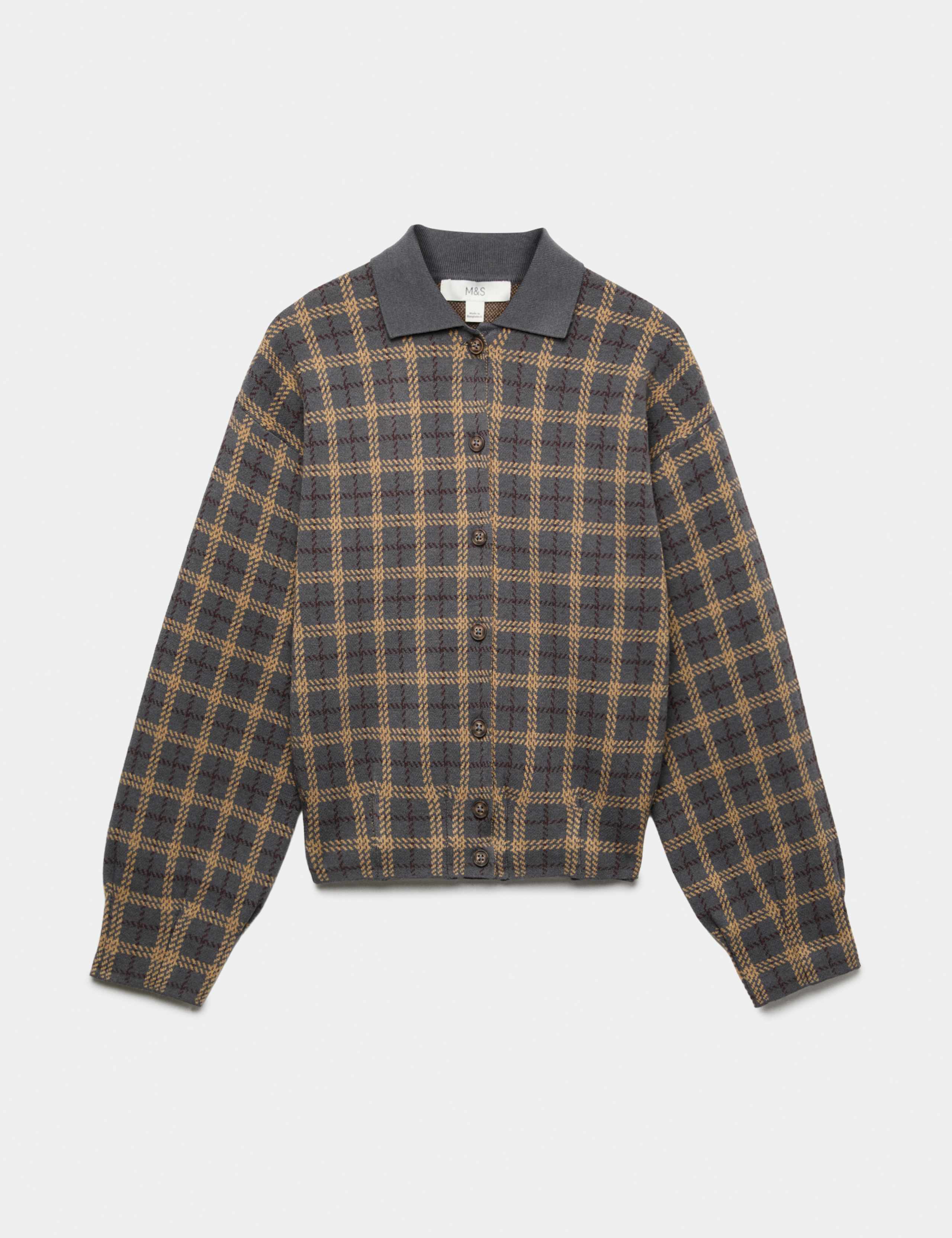 Checked Collared Button Front Cardigan with Wool 2 of 5