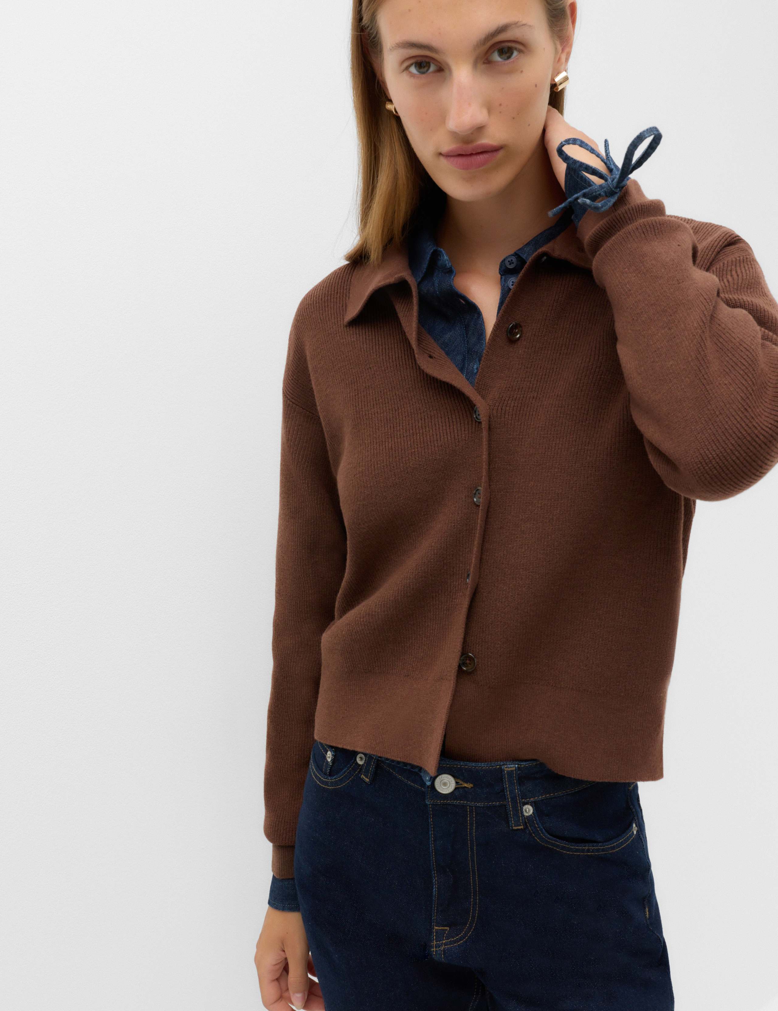 Ribbed Collared Button Through Knitted Jacket with Wool 1 of 7