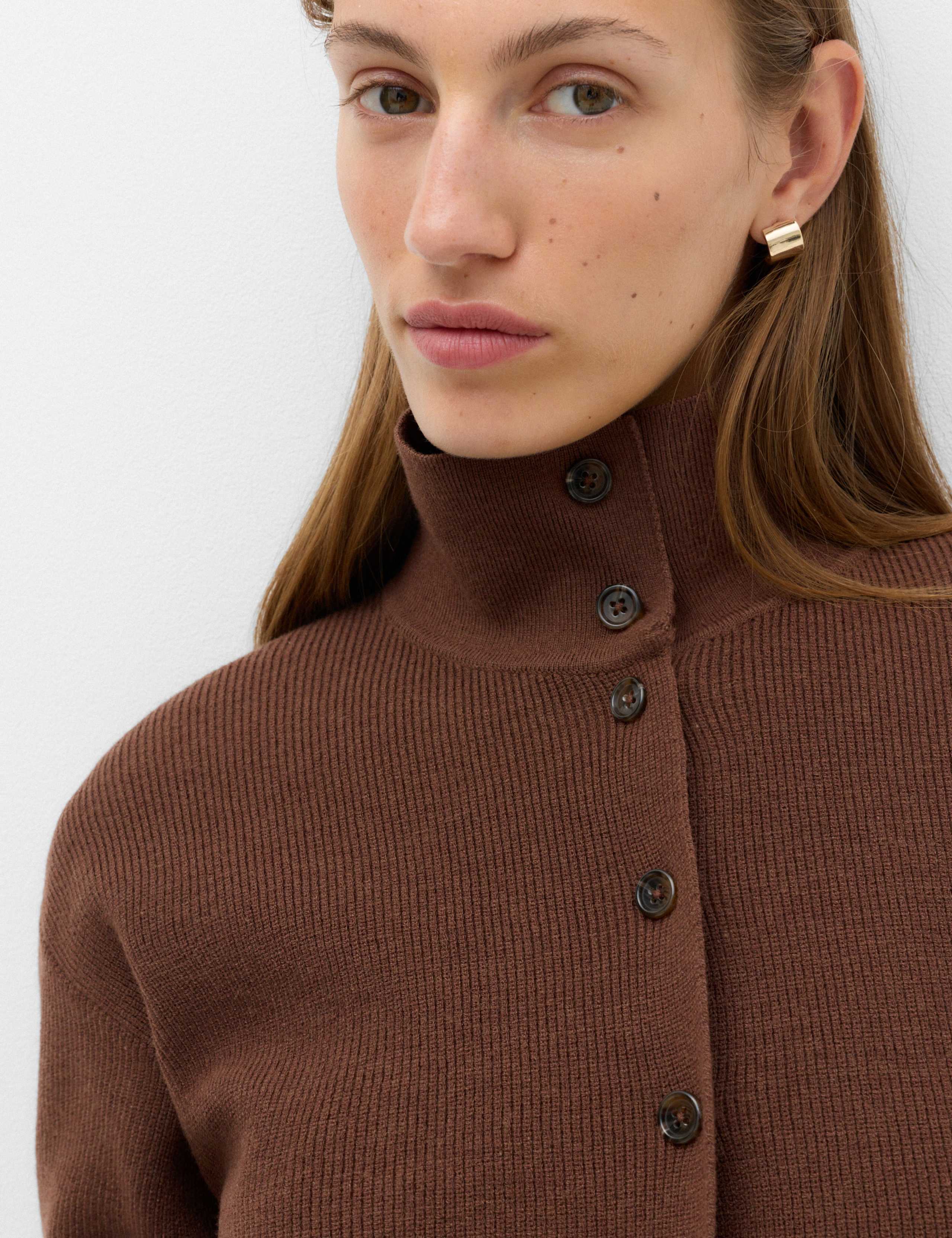 Ribbed Collared Button Through Knitted Jacket with Wool 3 of 7