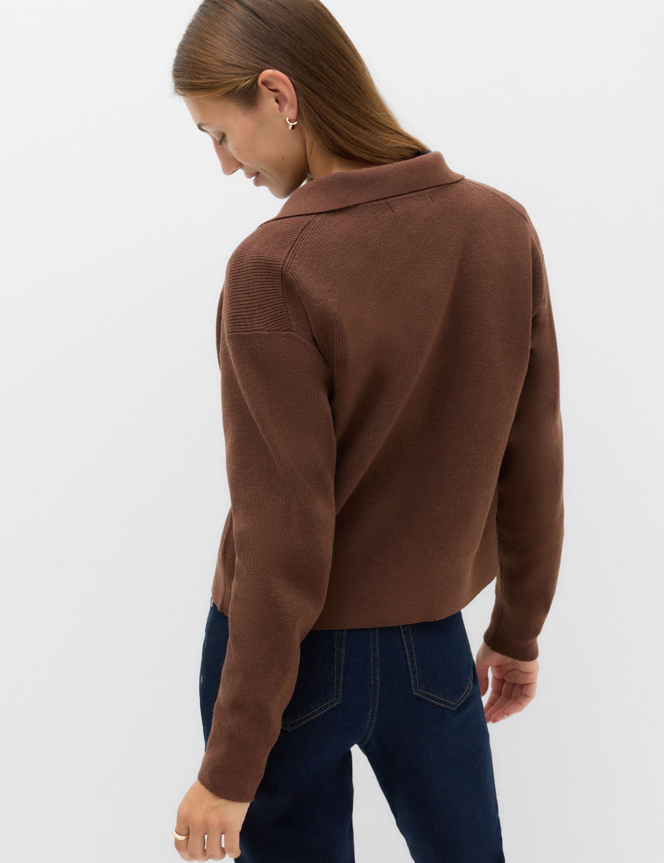 Ribbed Collared Button Through Knitted Jacket with Wool 4 of 7