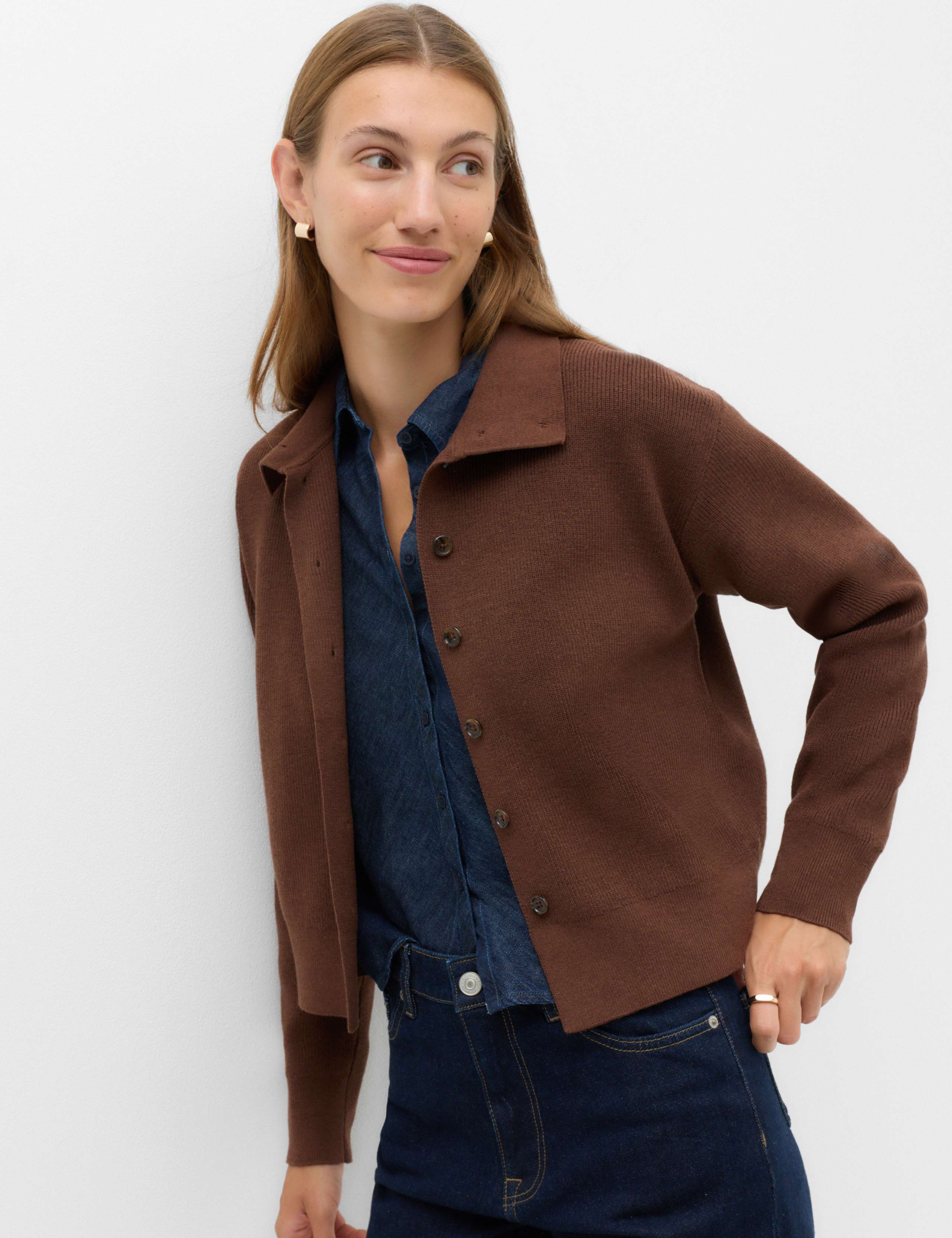Ribbed Collared Button Through Knitted Jacket with Wool 7 of 7