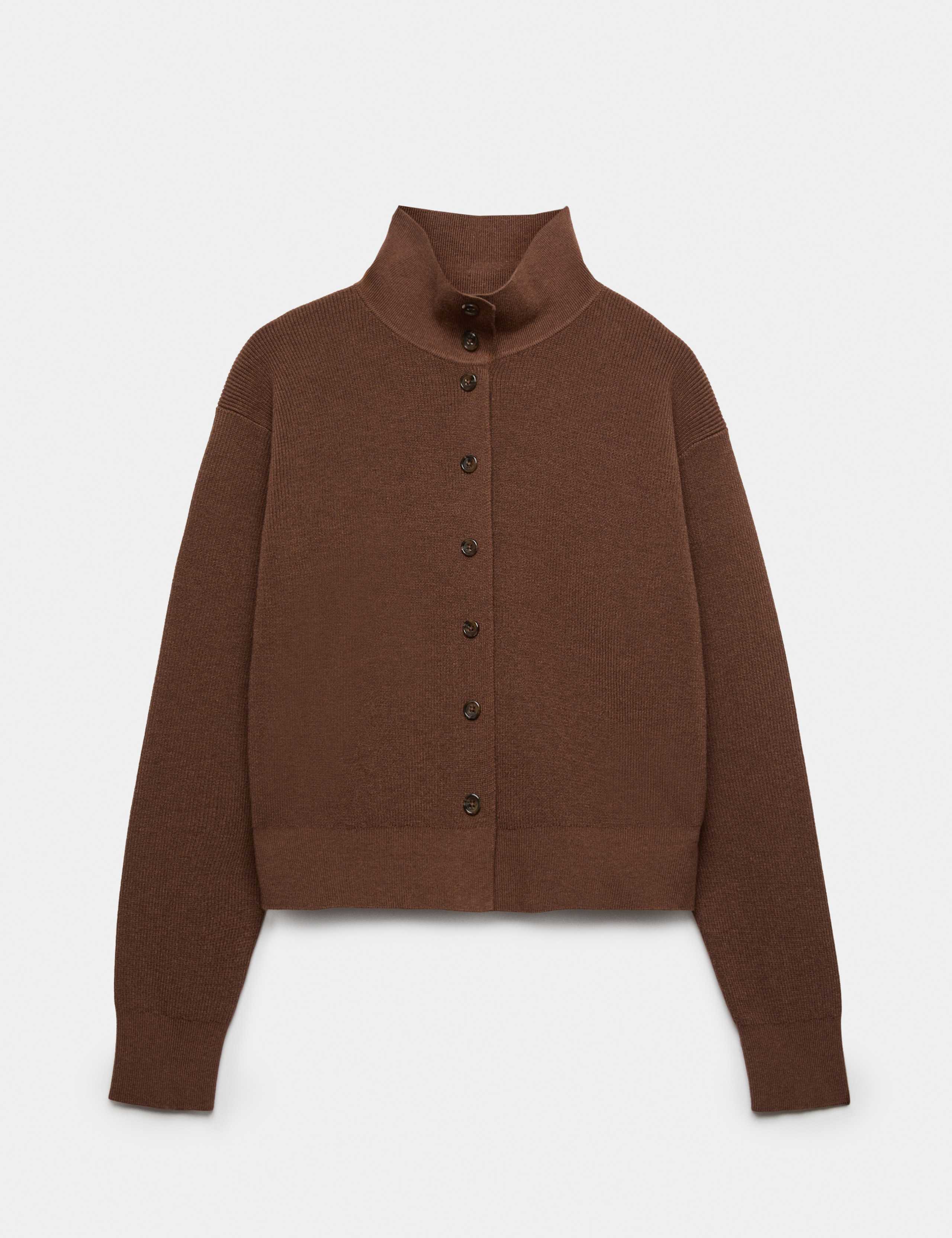 Ribbed Collared Button Through Knitted Jacket with Wool 2 of 7