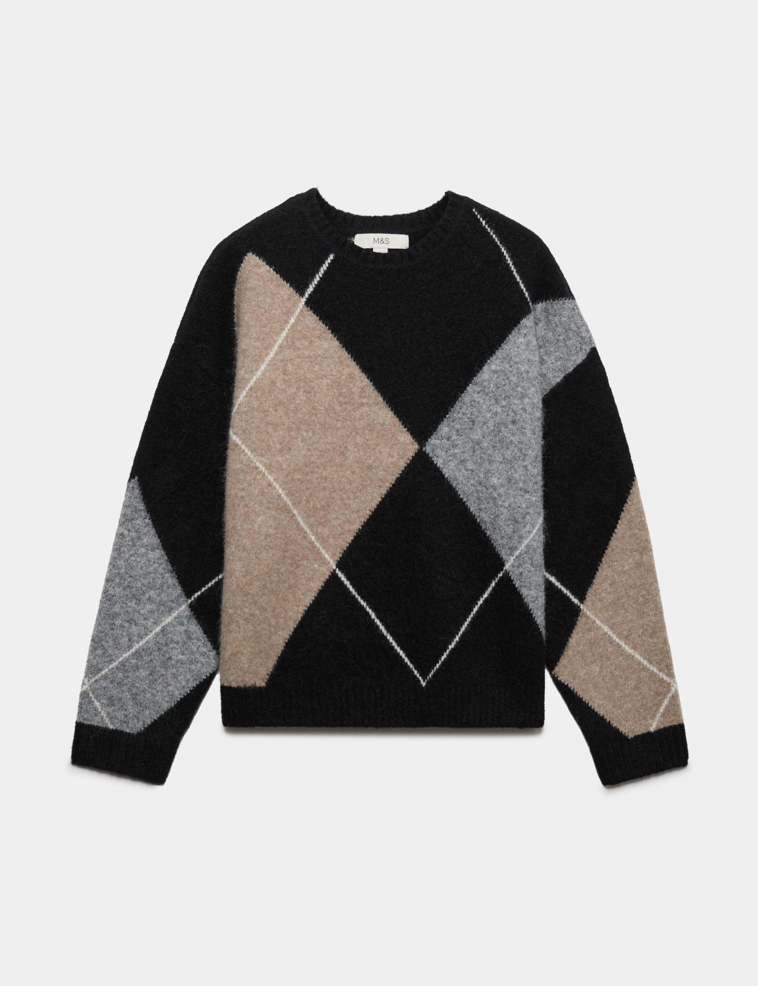 Argyle Crew Neck Relaxed Fit Jumper with Wool 2 of 6