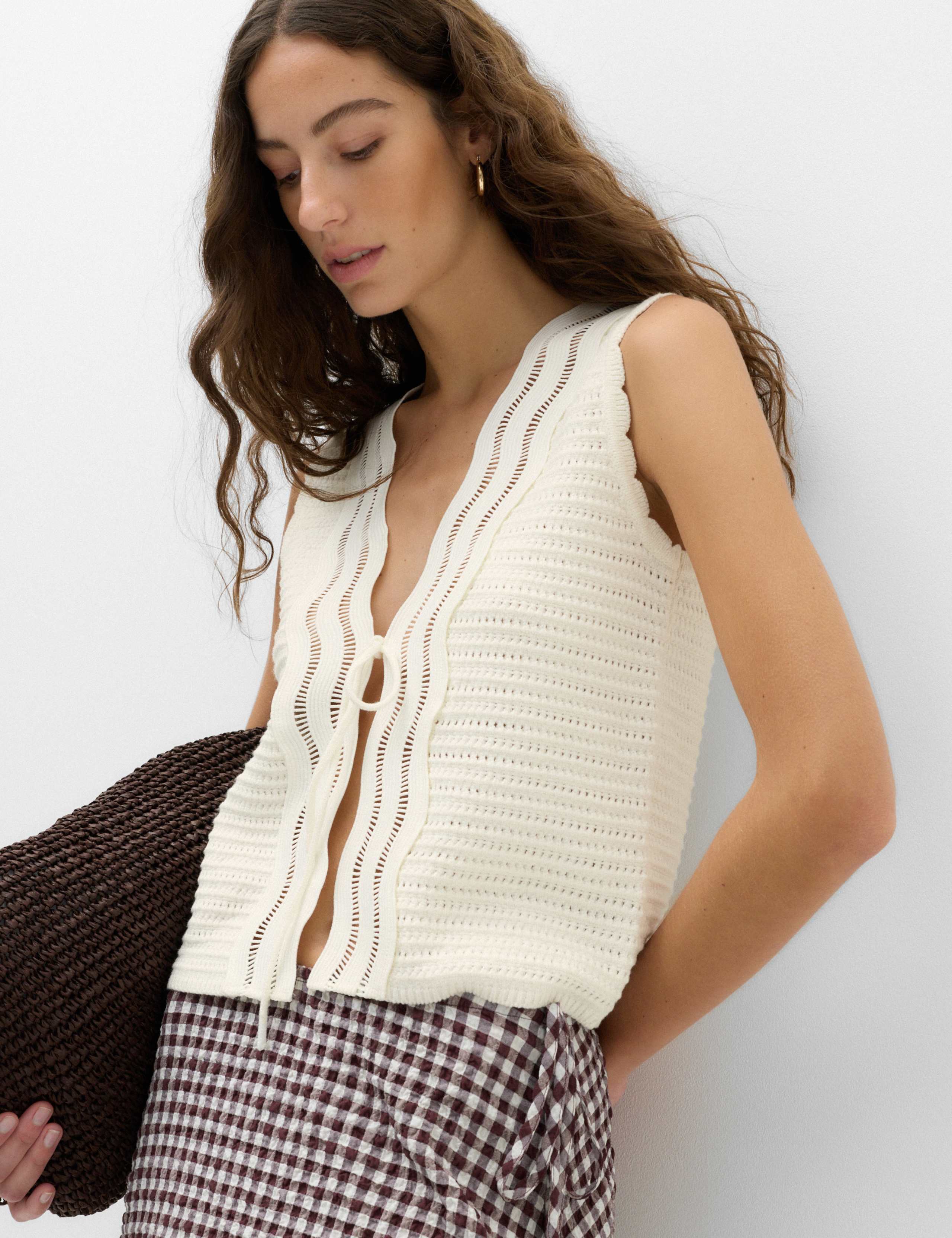 Cotton Rich Lace Detail Knitted Waistcoat 1 of 6