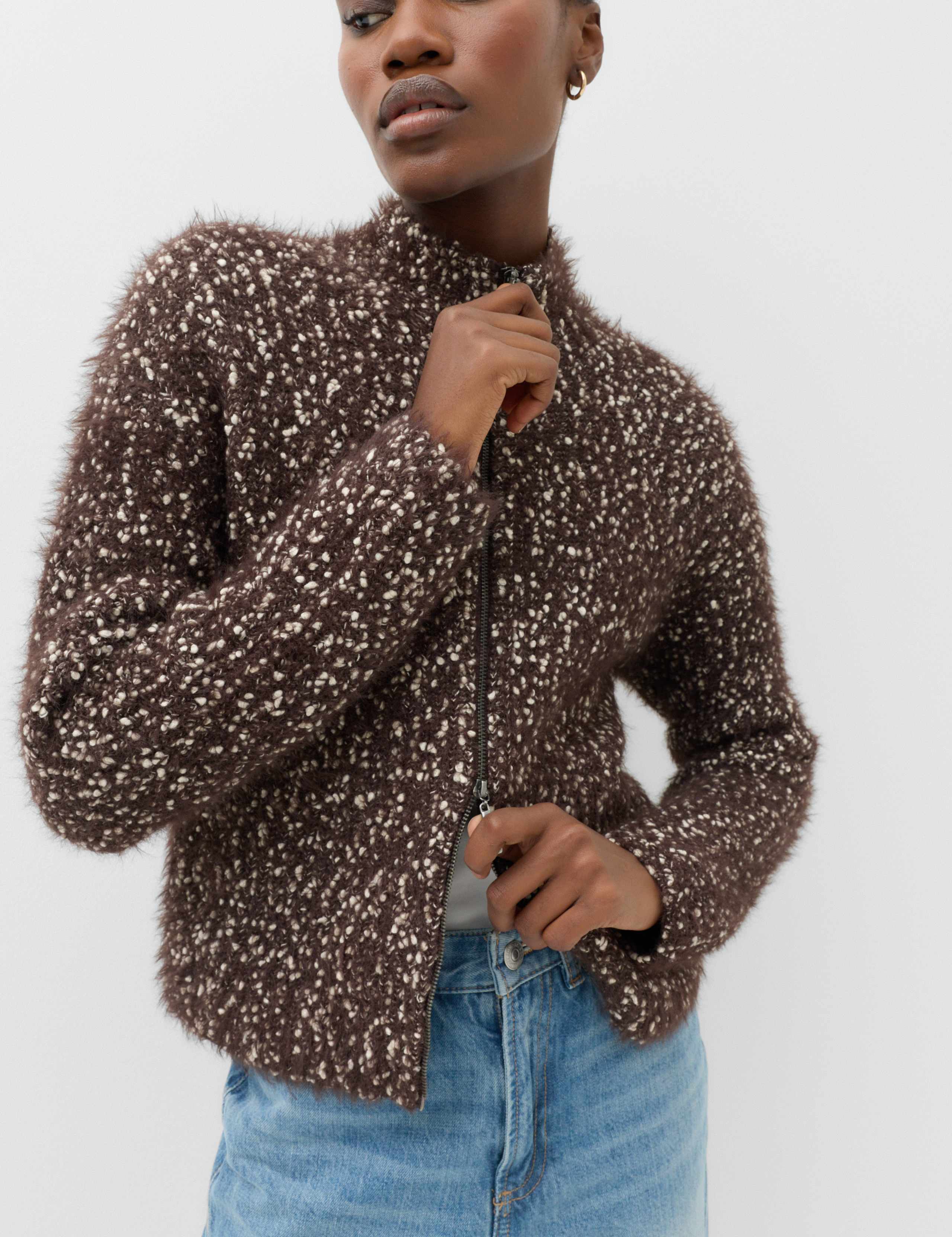 Cotton Blend Boucle Funnel Neck Knitted Jacket 3 of 5