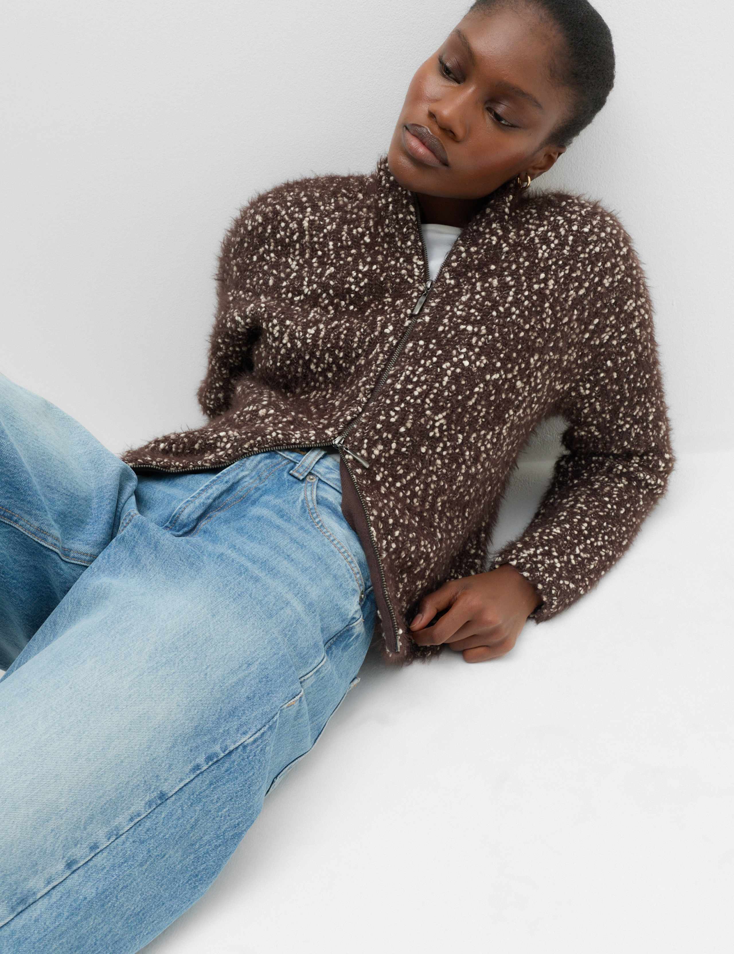 Cotton Blend Boucle Funnel Neck Knitted Jacket 5 of 5