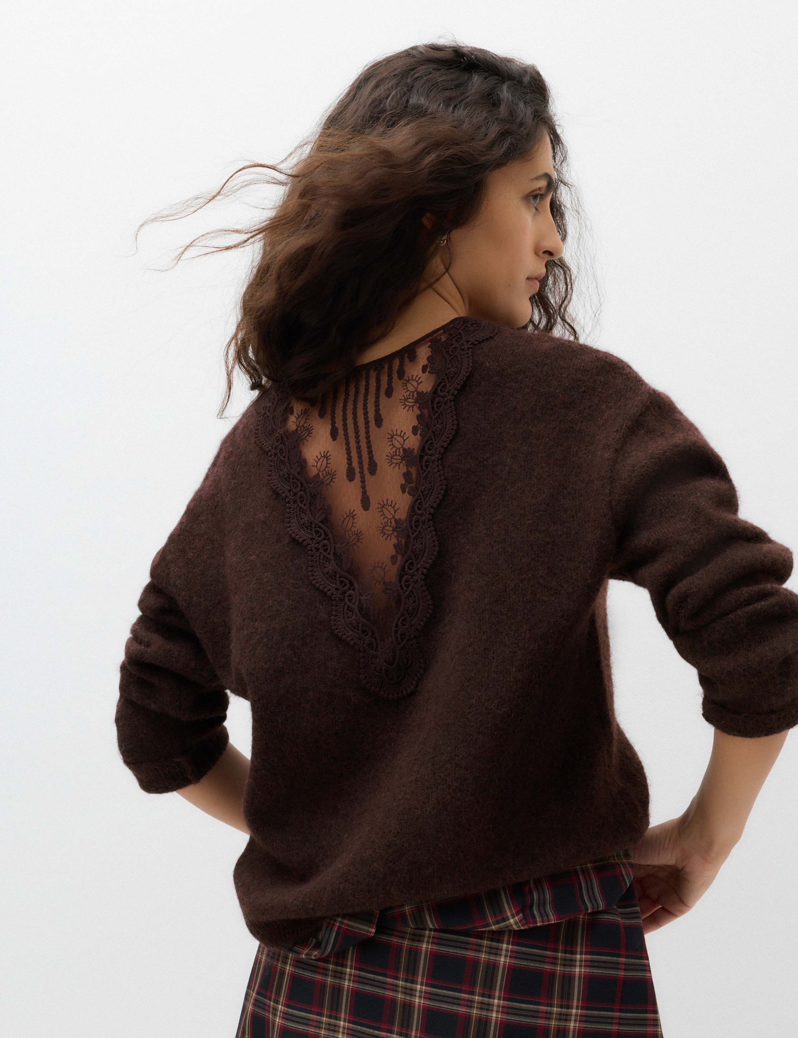 Lace Detail Crew Neck Relaxed Fit Jumper with Wool 3 of 5