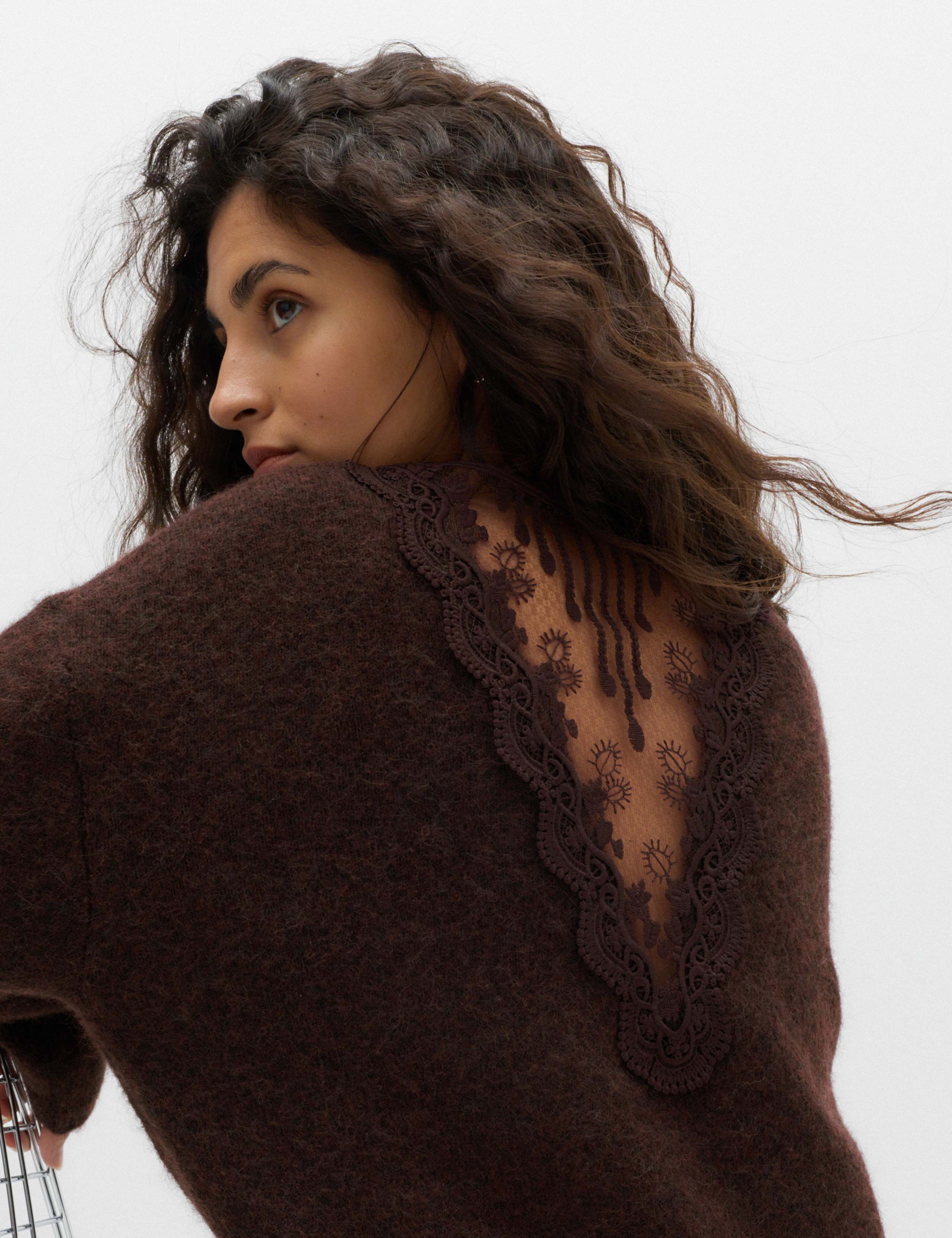 Lace Detail Crew Neck Relaxed Fit Jumper with Wool 4 of 5