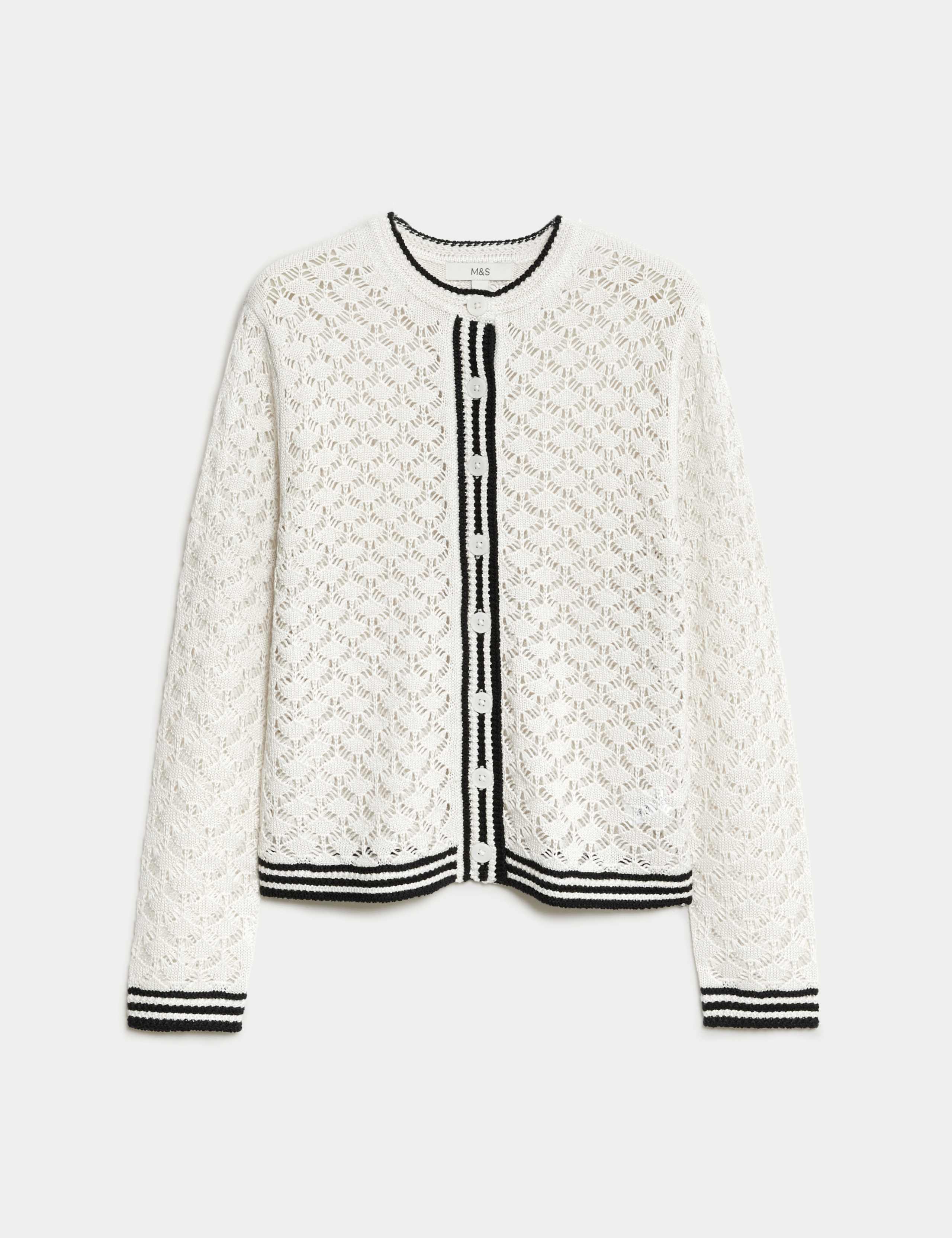 Pointelle Crew Neck Tipped Detail Button Front Cardigan 2 of 6