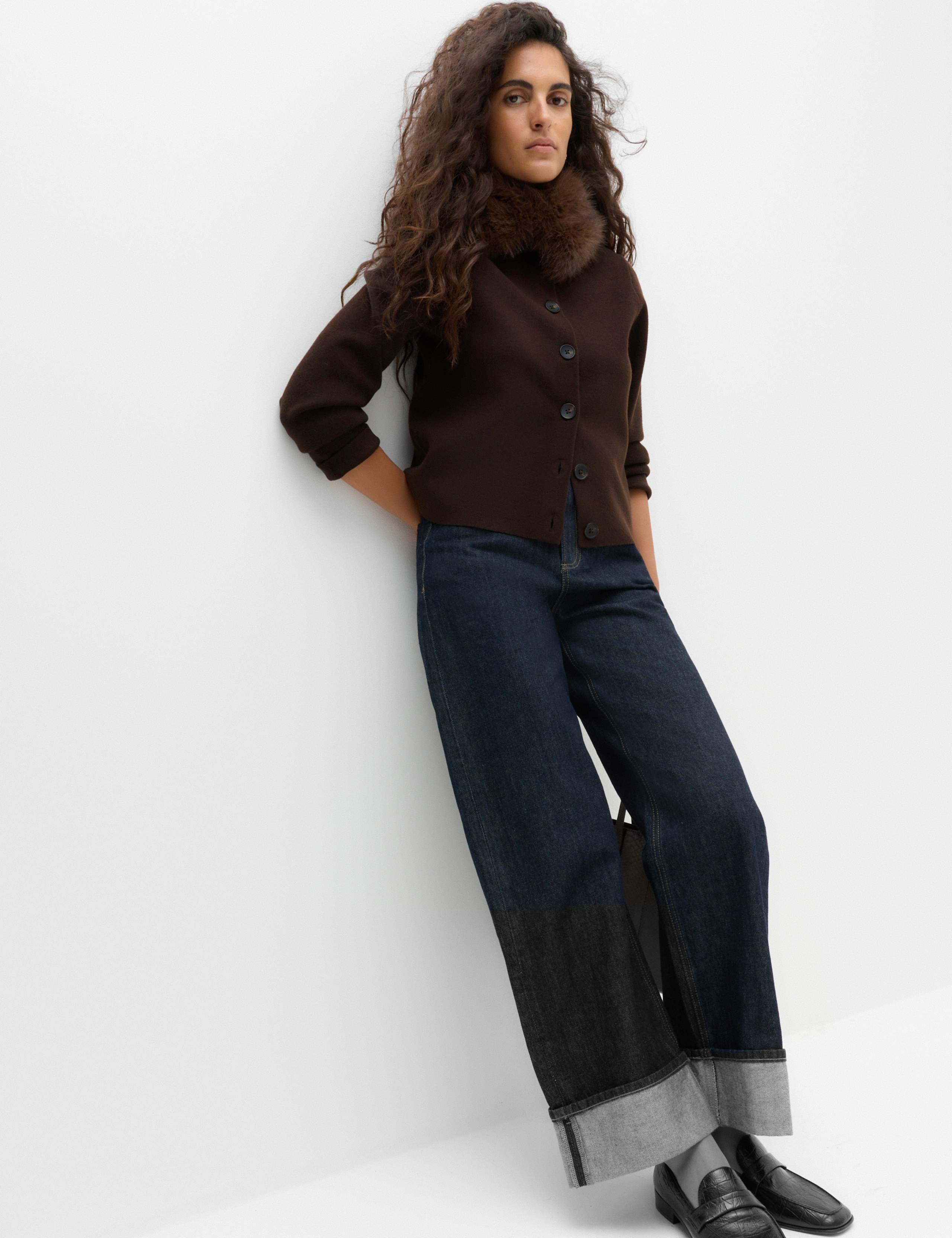 Air-Yarn Collared Faux Fur Trim Knitted Jacket 6 of 6