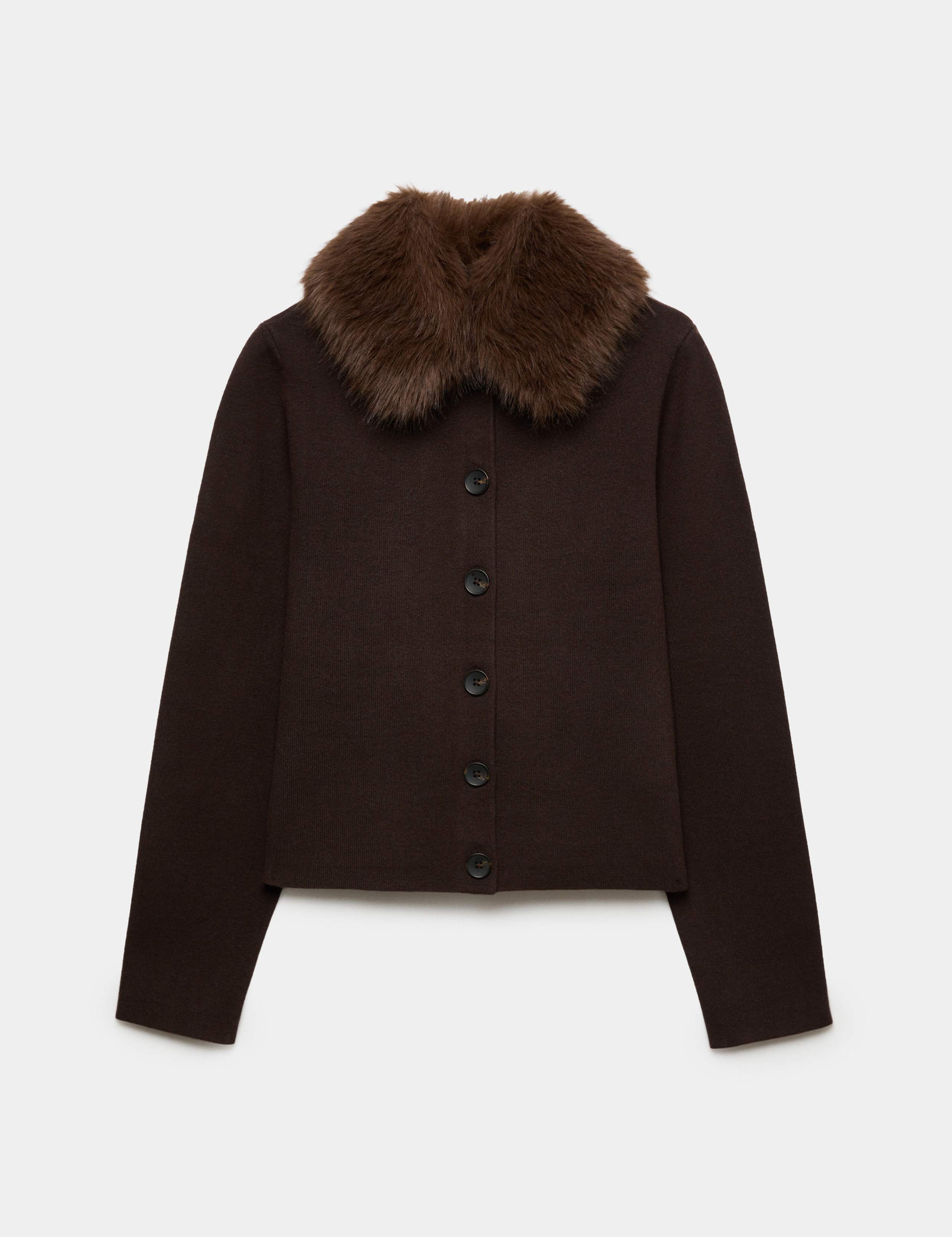 Air-Yarn Collared Faux Fur Trim Knitted Jacket 2 of 6
