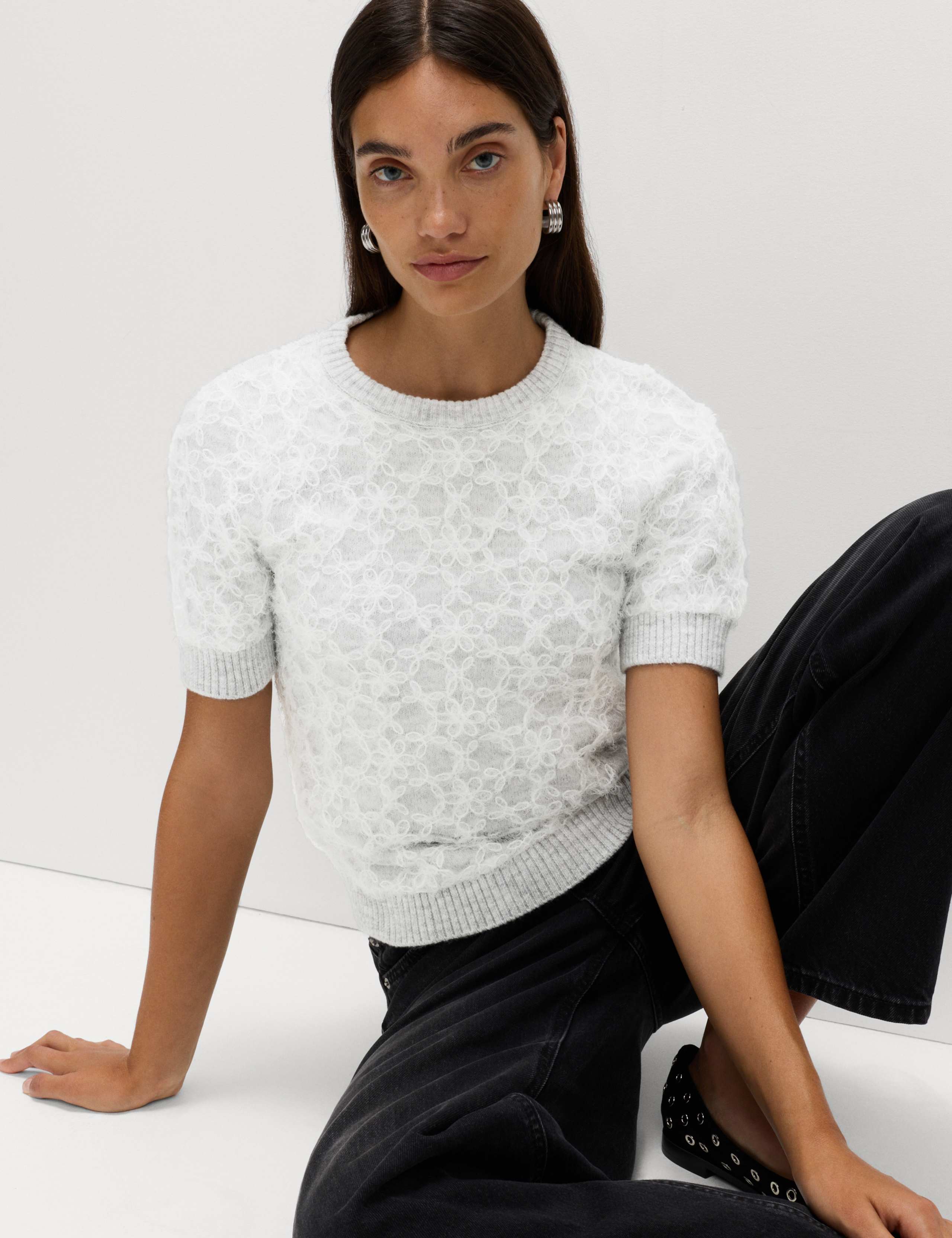 Embellished Floral Crew Neck Knitted Top 1 of 5
