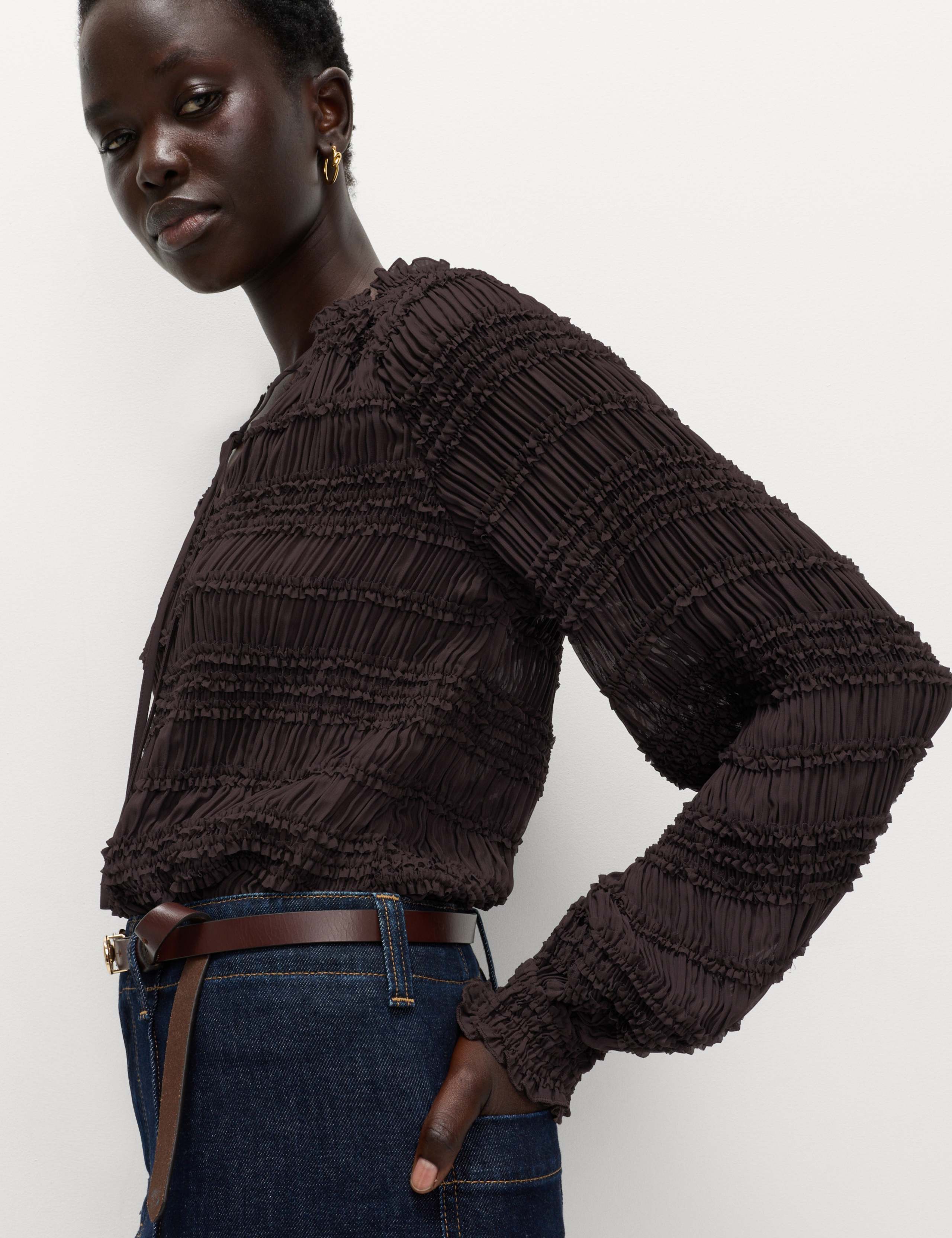 Ruffle Tie Detail Blouson Sleeve Blouse 1 of 6