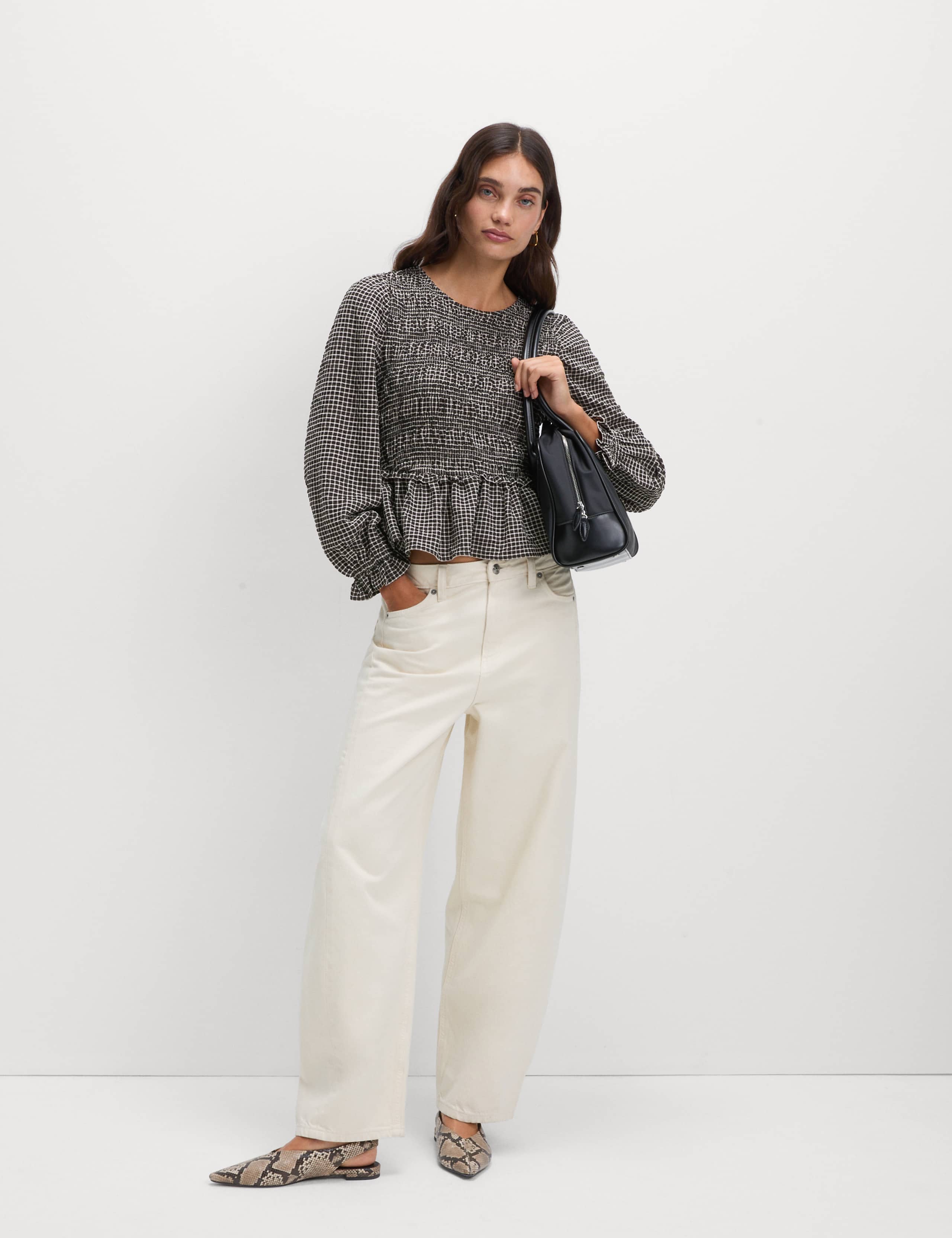 Crew Neck Shirred Checked Blouse 3 of 5