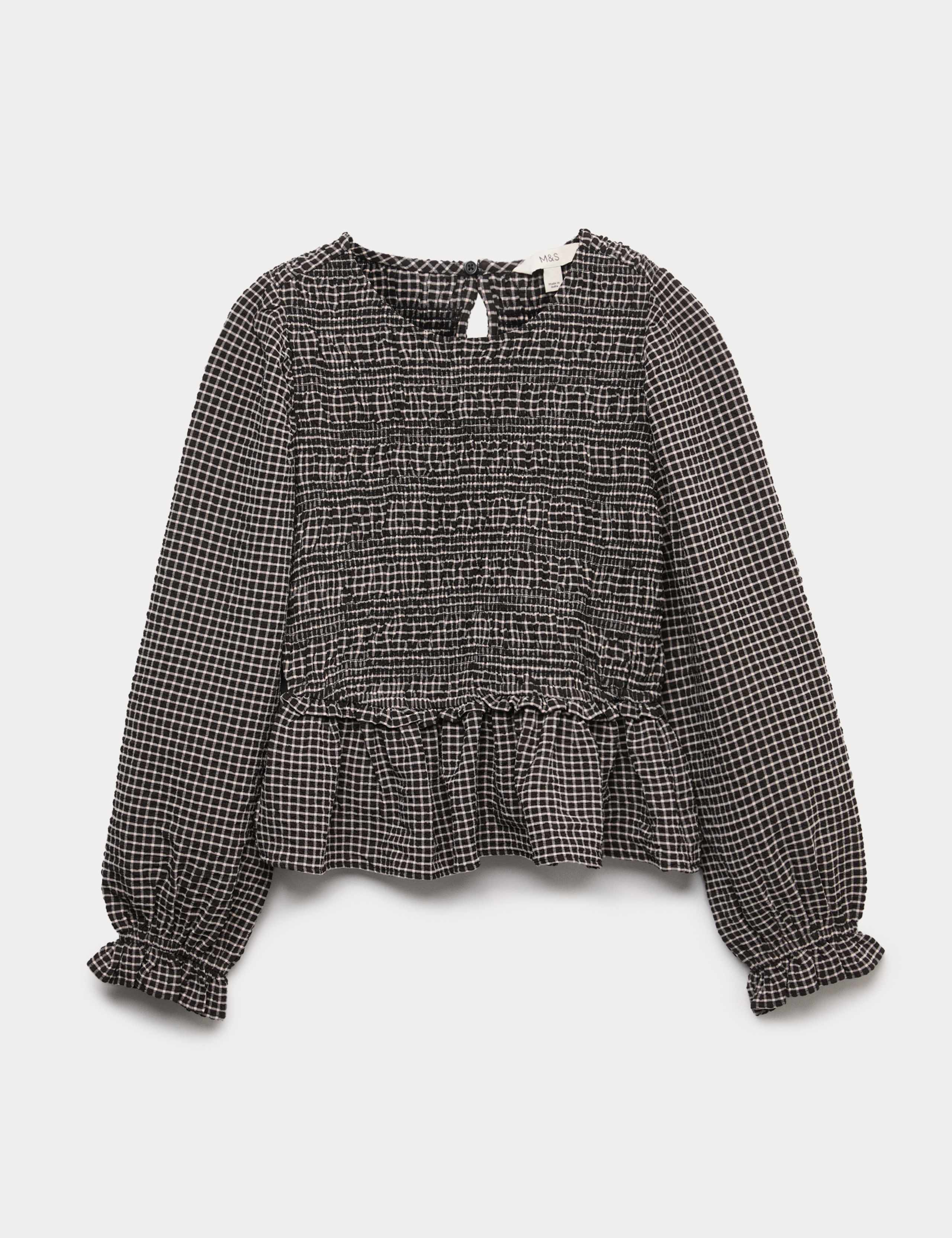 Crew Neck Shirred Checked Blouse 2 of 5