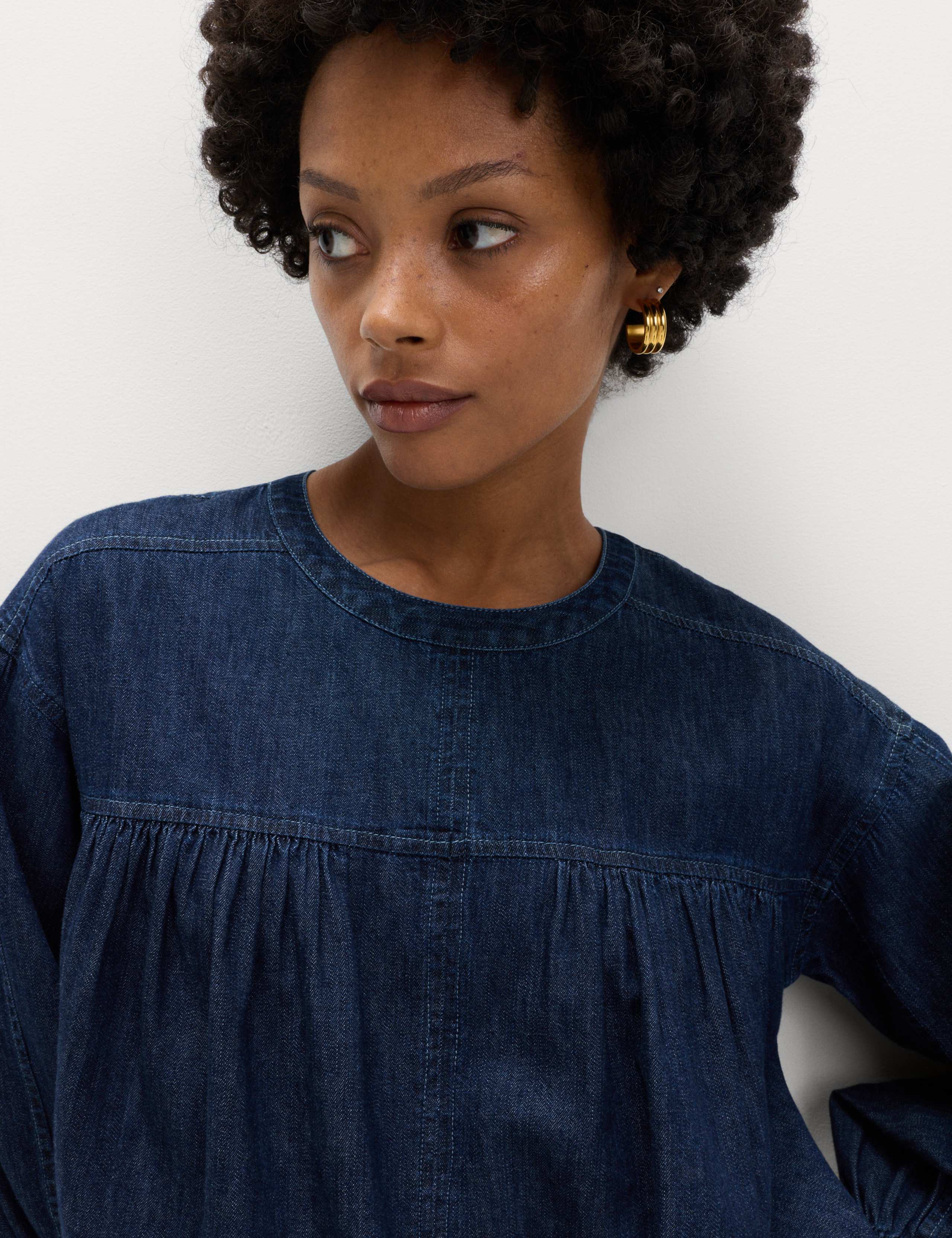 Pure Cotton Denim Crew Neck Blouse 1 of 5