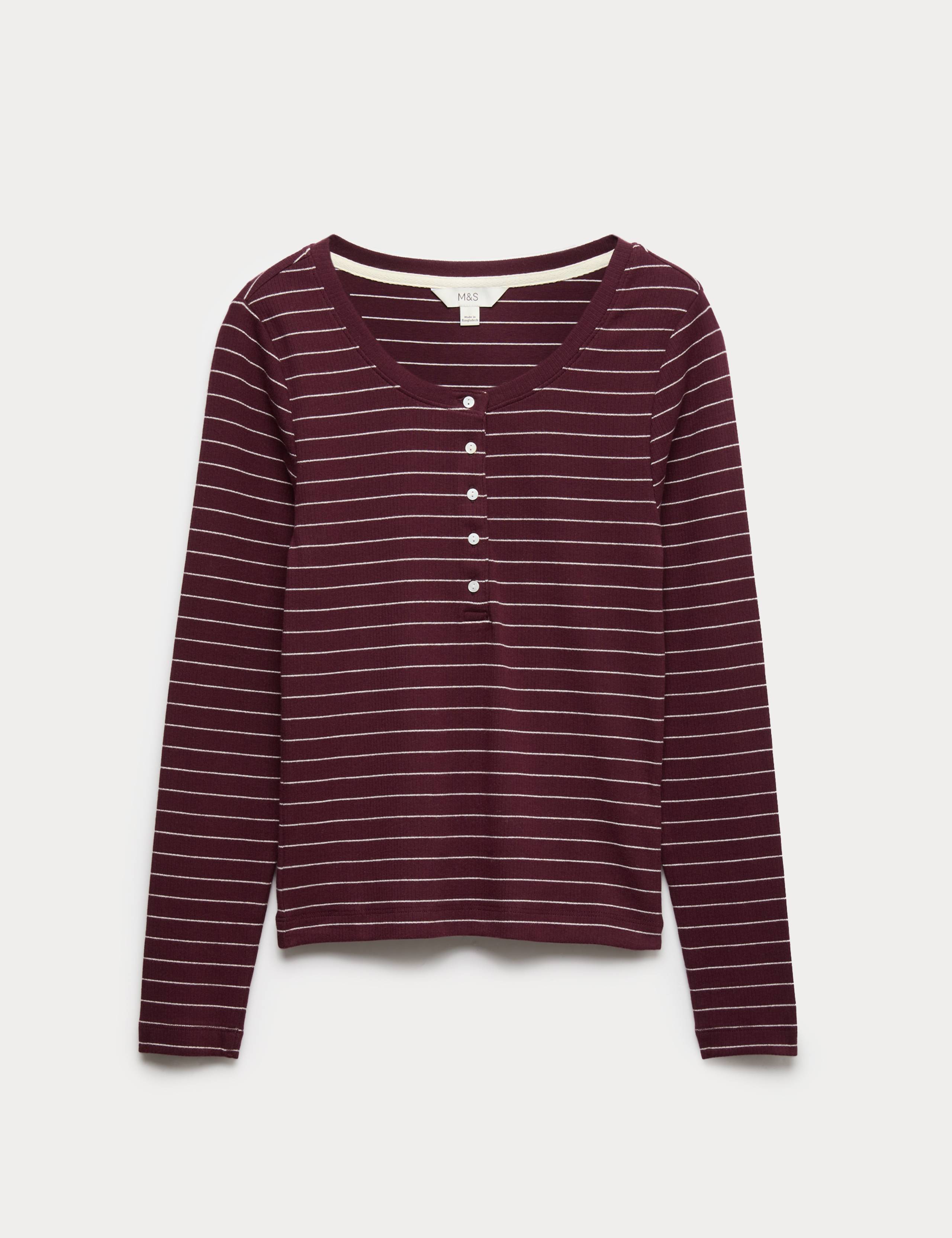 Cotton Rich Striped Long Sleeve Henley Top 2 of 5
