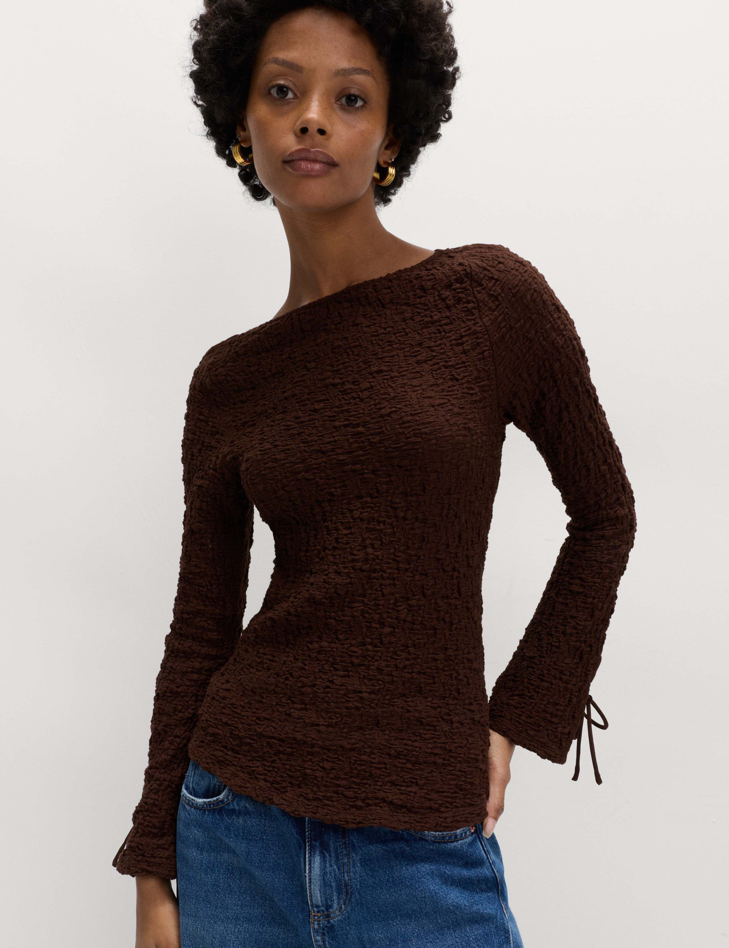 Cotton Rich Textured Tie Cuff Top 1 of 5