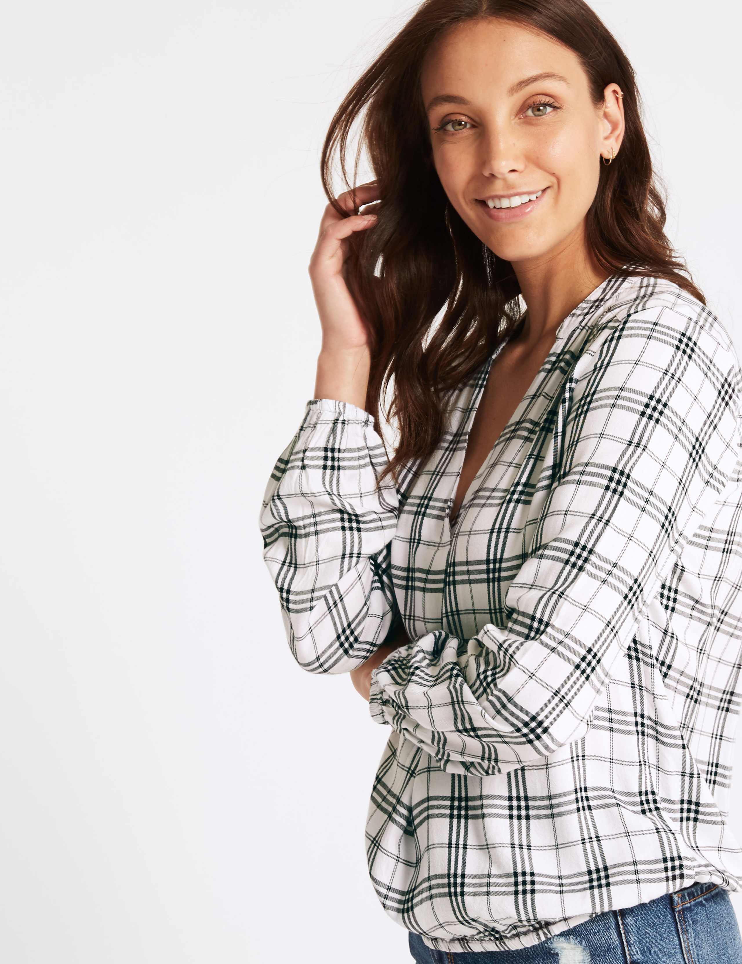 Checked Notch Neck Long Sleeve Blouse 3 of 4