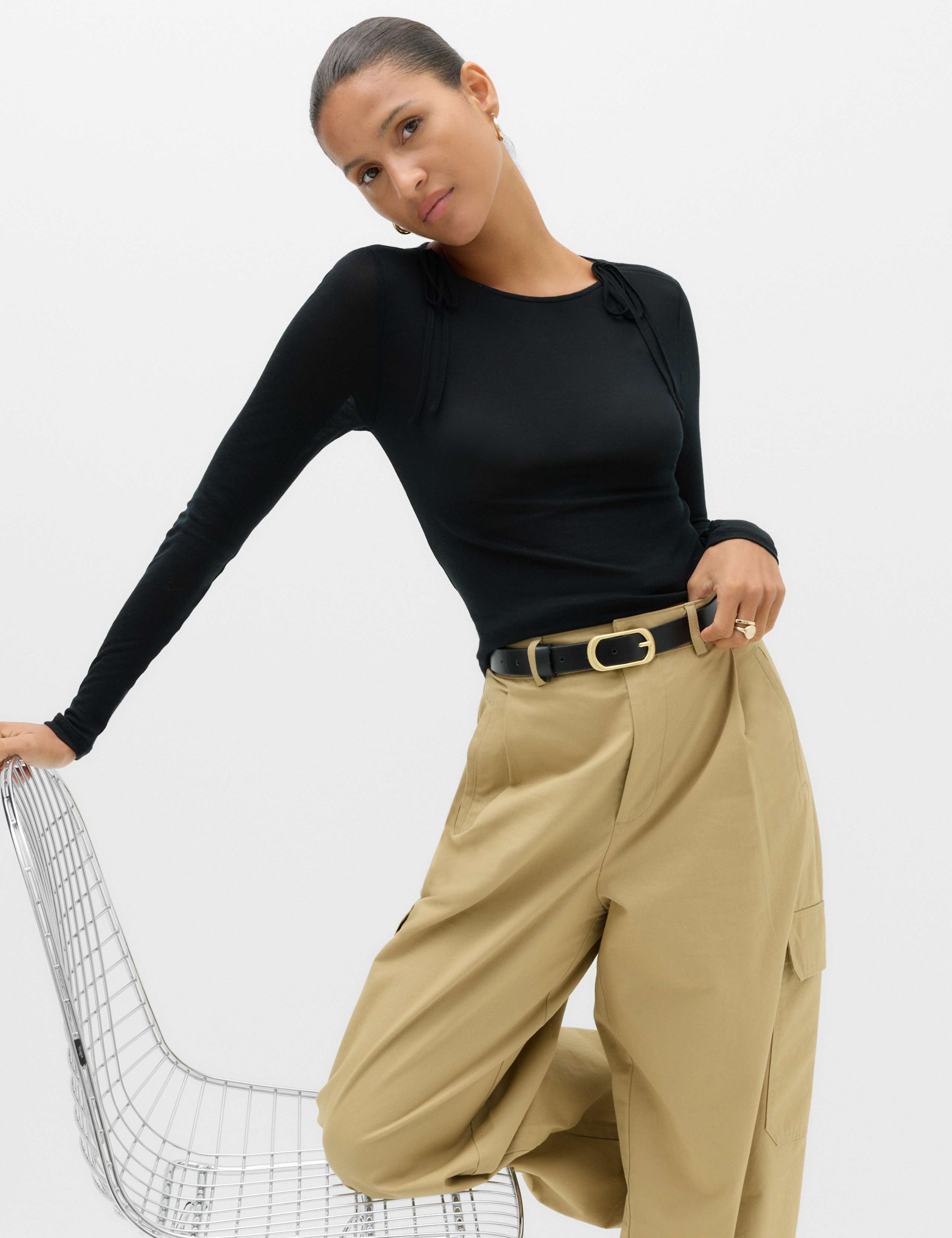 Tie Shoulder Long Sleeve Top With Wool 6 of 6