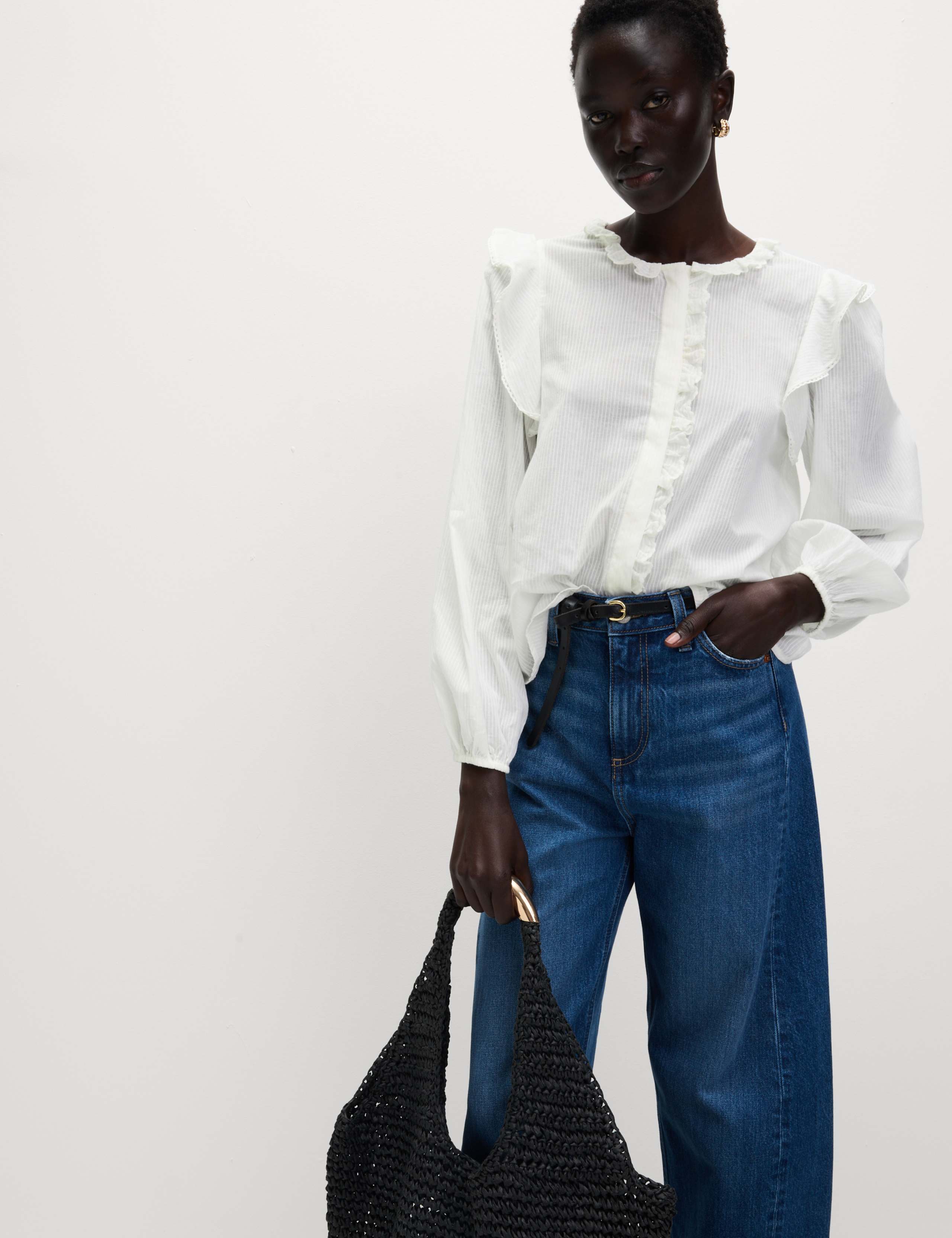 Pure Cotton Collared Ruffle Blouson Sleeve Blouse 4 of 5