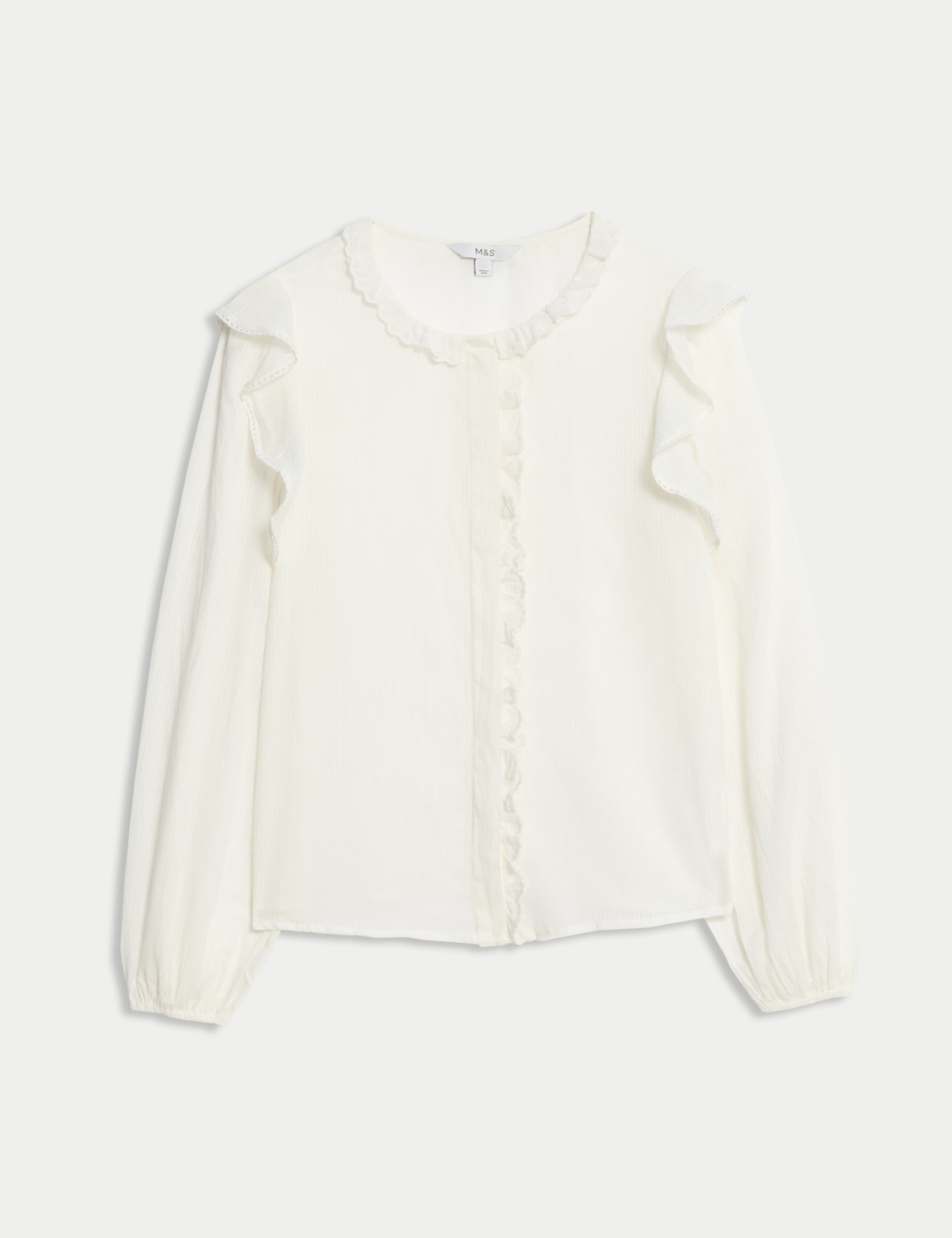 Pure Cotton Collared Ruffle Blouson Sleeve Blouse 2 of 5