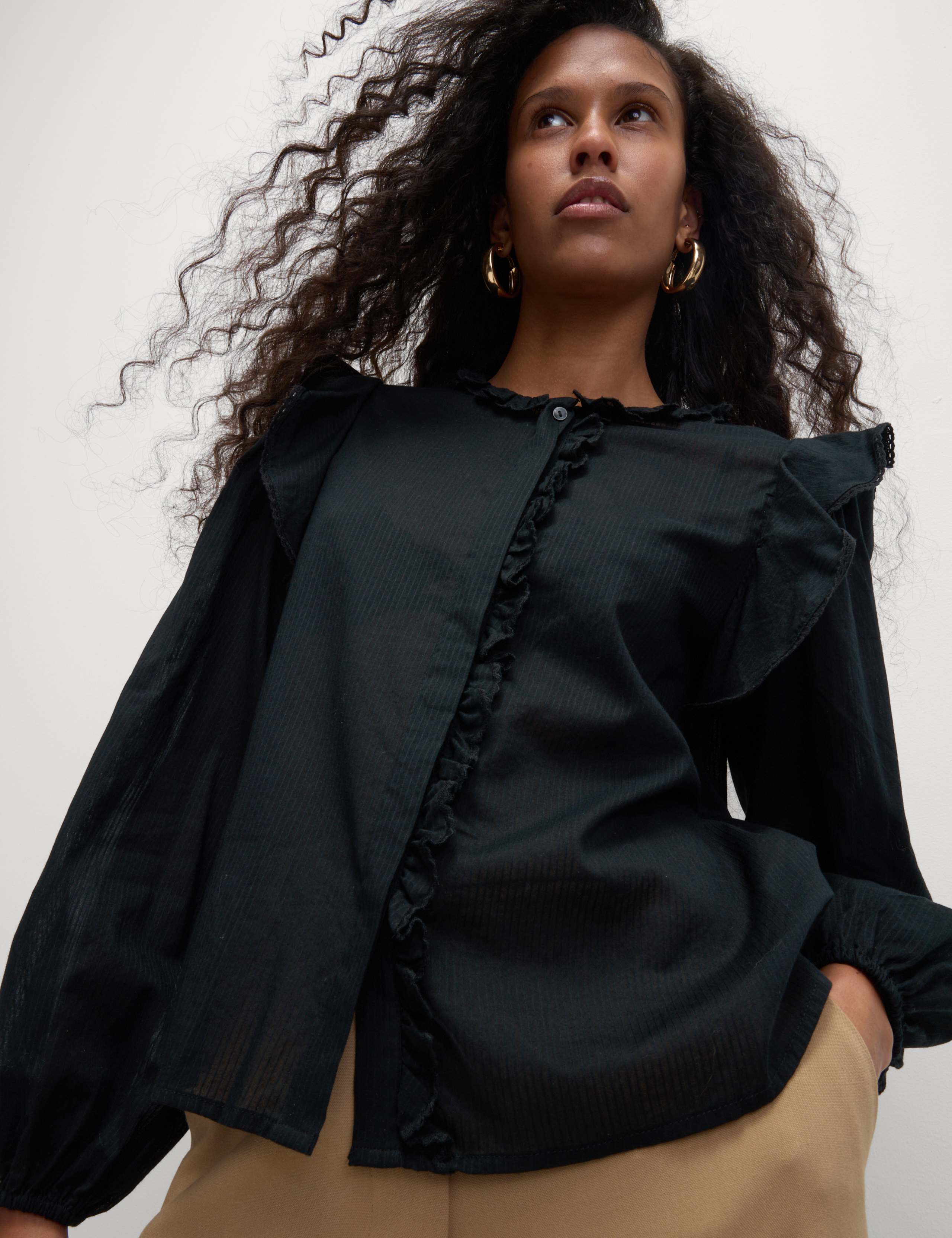 Pure Cotton Collared Ruffle Blouson Sleeve Blouse 3 of 7