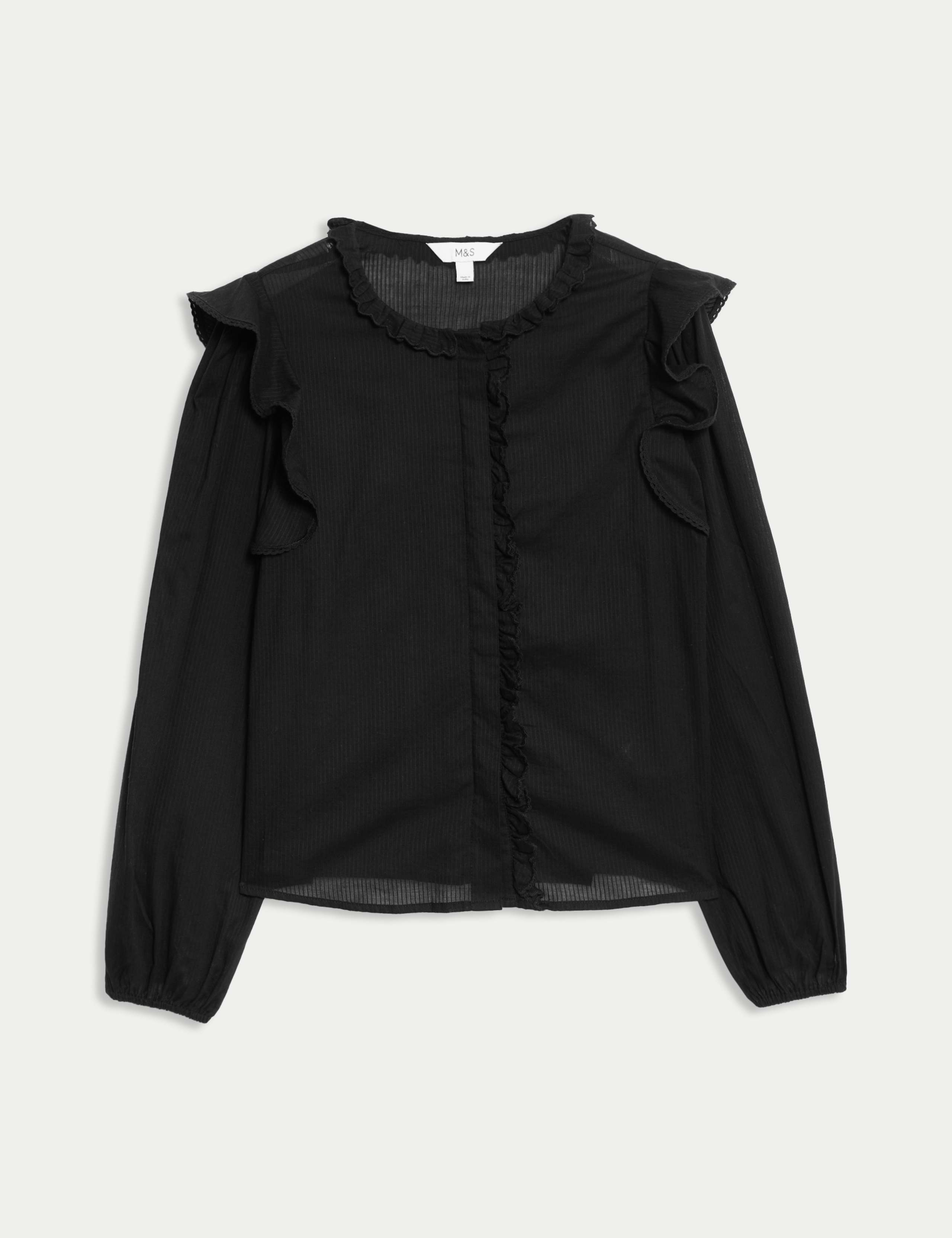 Pure Cotton Collared Ruffle Blouson Sleeve Blouse 2 of 7