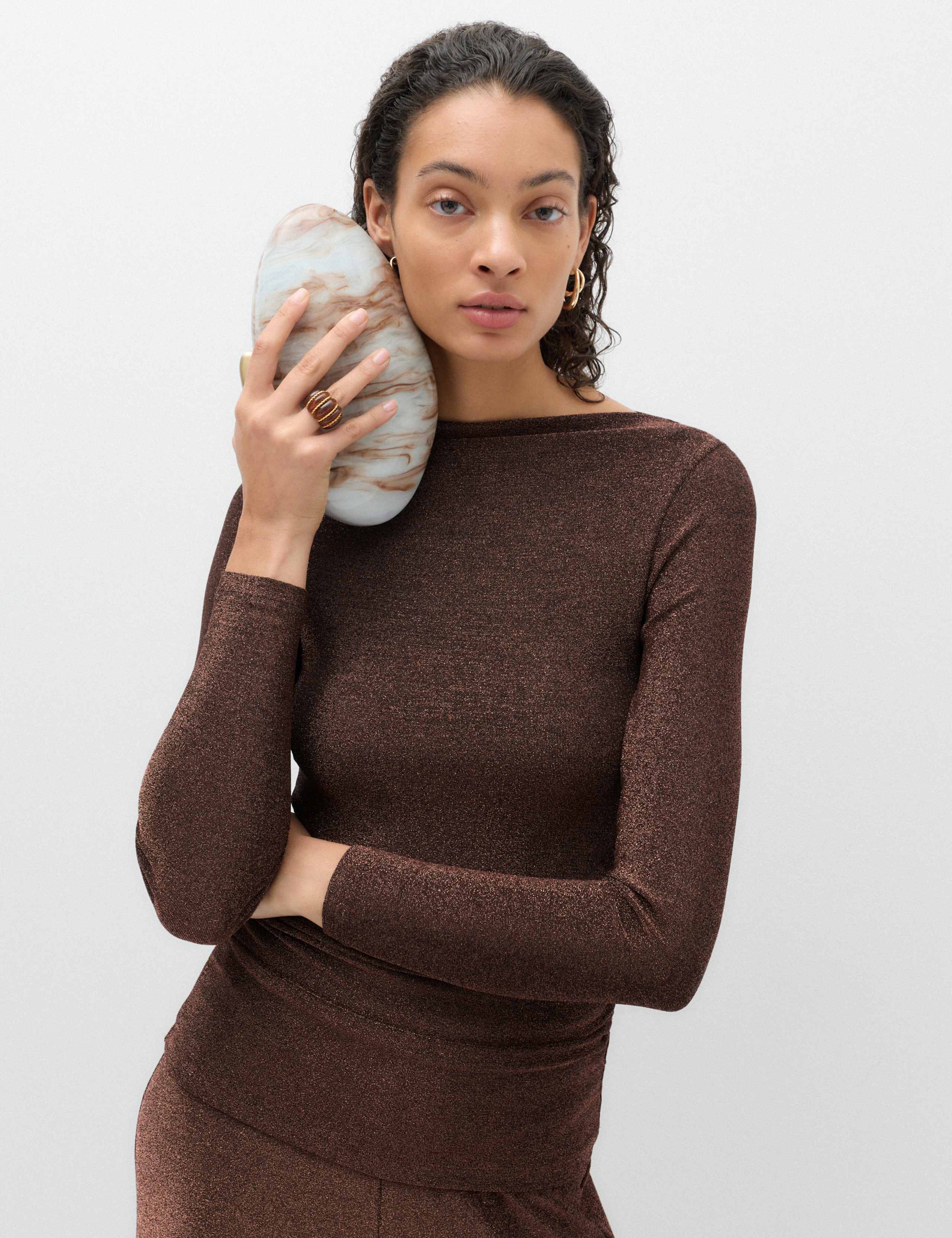 Sparkly Draped Slash Neck Regular Fit Top 1 of 6