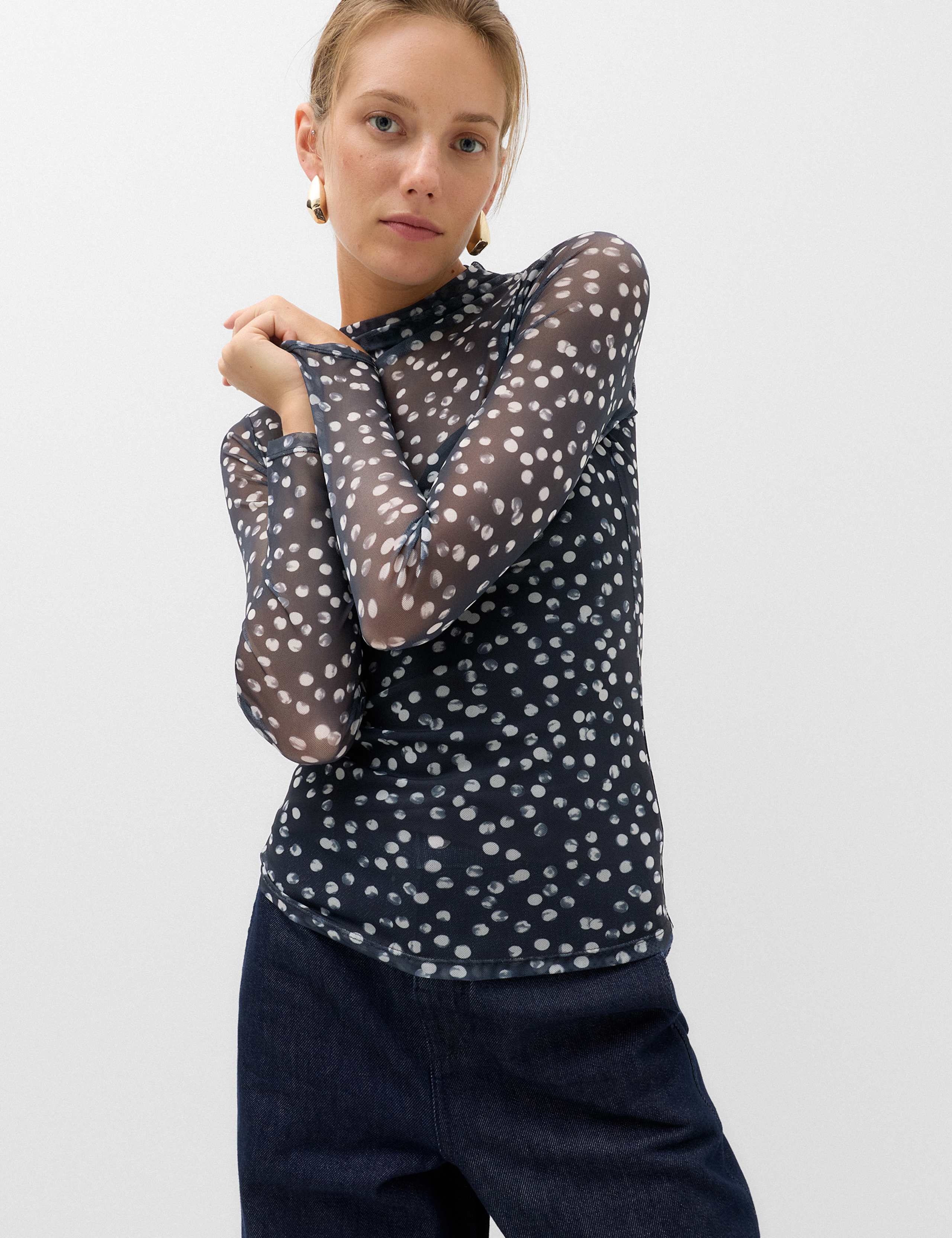 Mesh Jersey Polka Dot High Neck Fitted Top 1 of 5