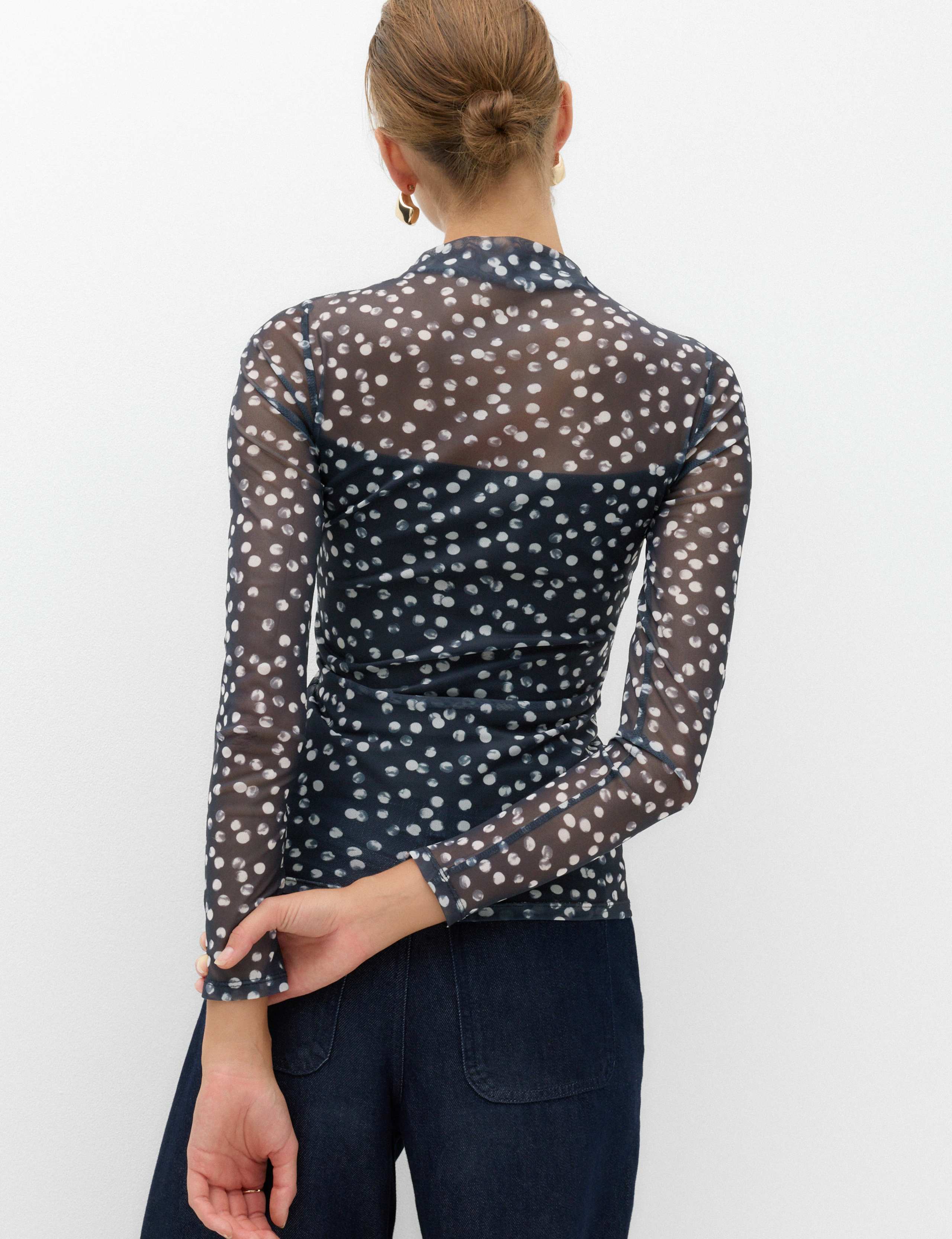 Mesh Jersey Polka Dot High Neck Fitted Top 3 of 5