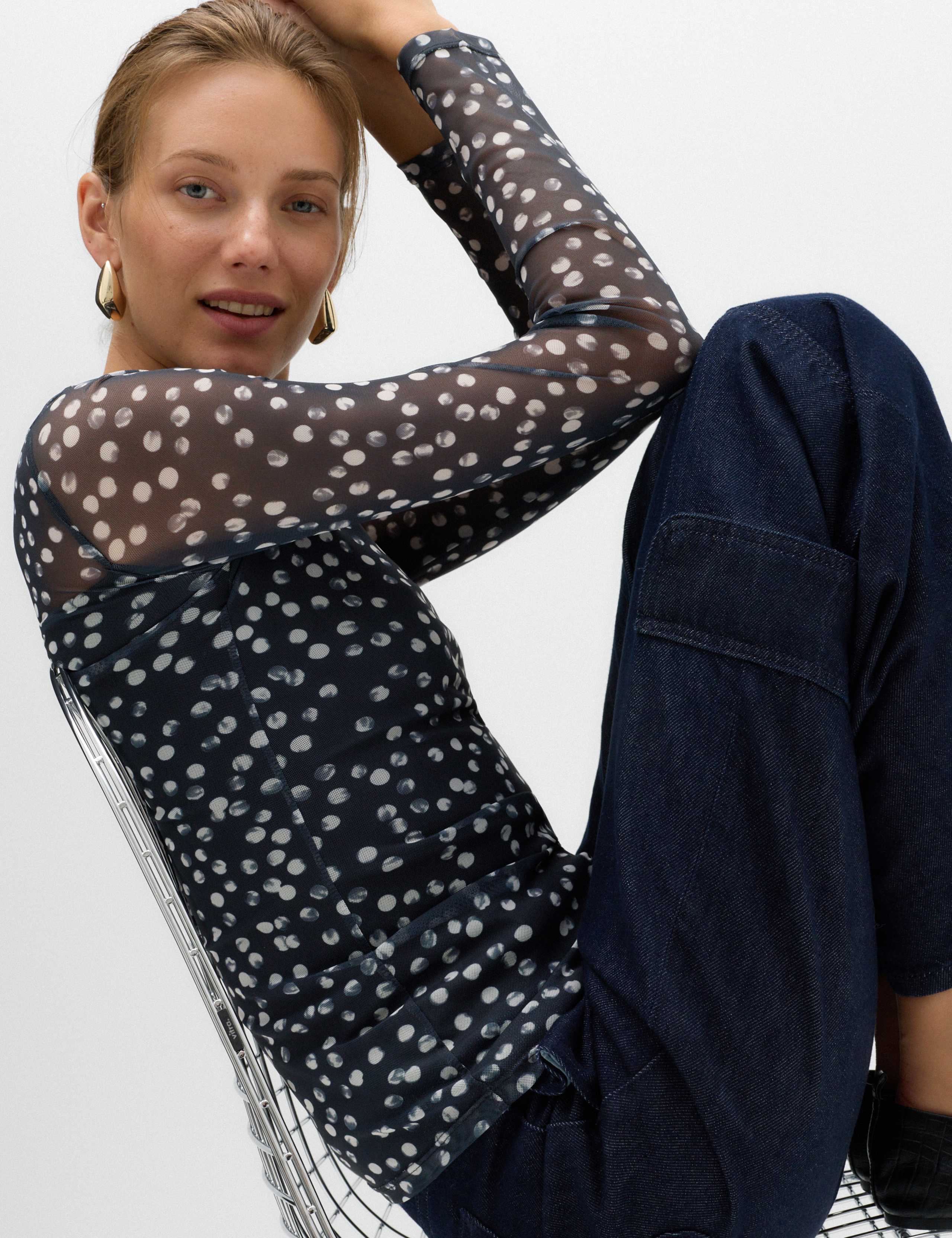 Mesh Jersey Polka Dot High Neck Fitted Top 5 of 5