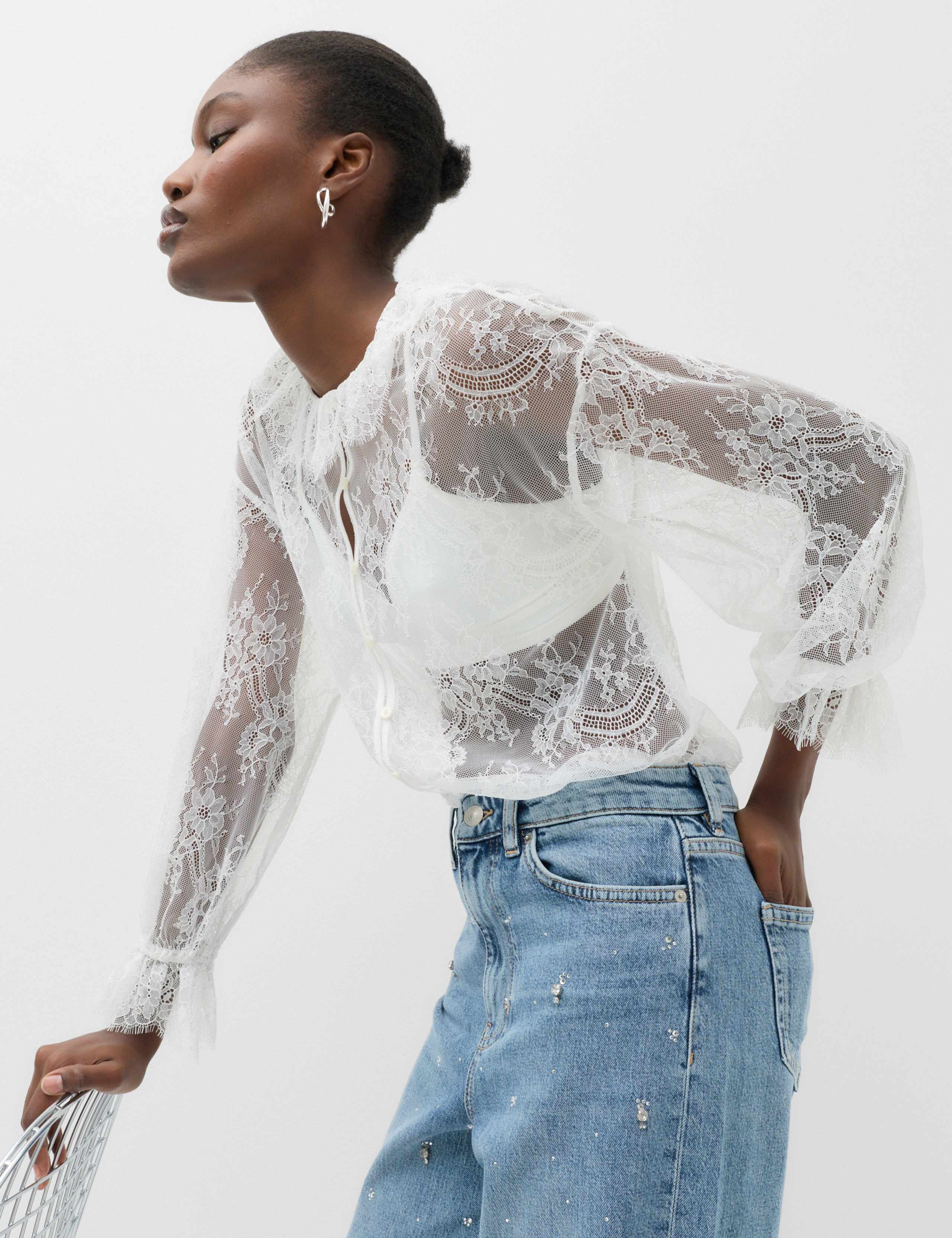 Lace High Neck Tie Detail Long Sleeve Top 3 of 6