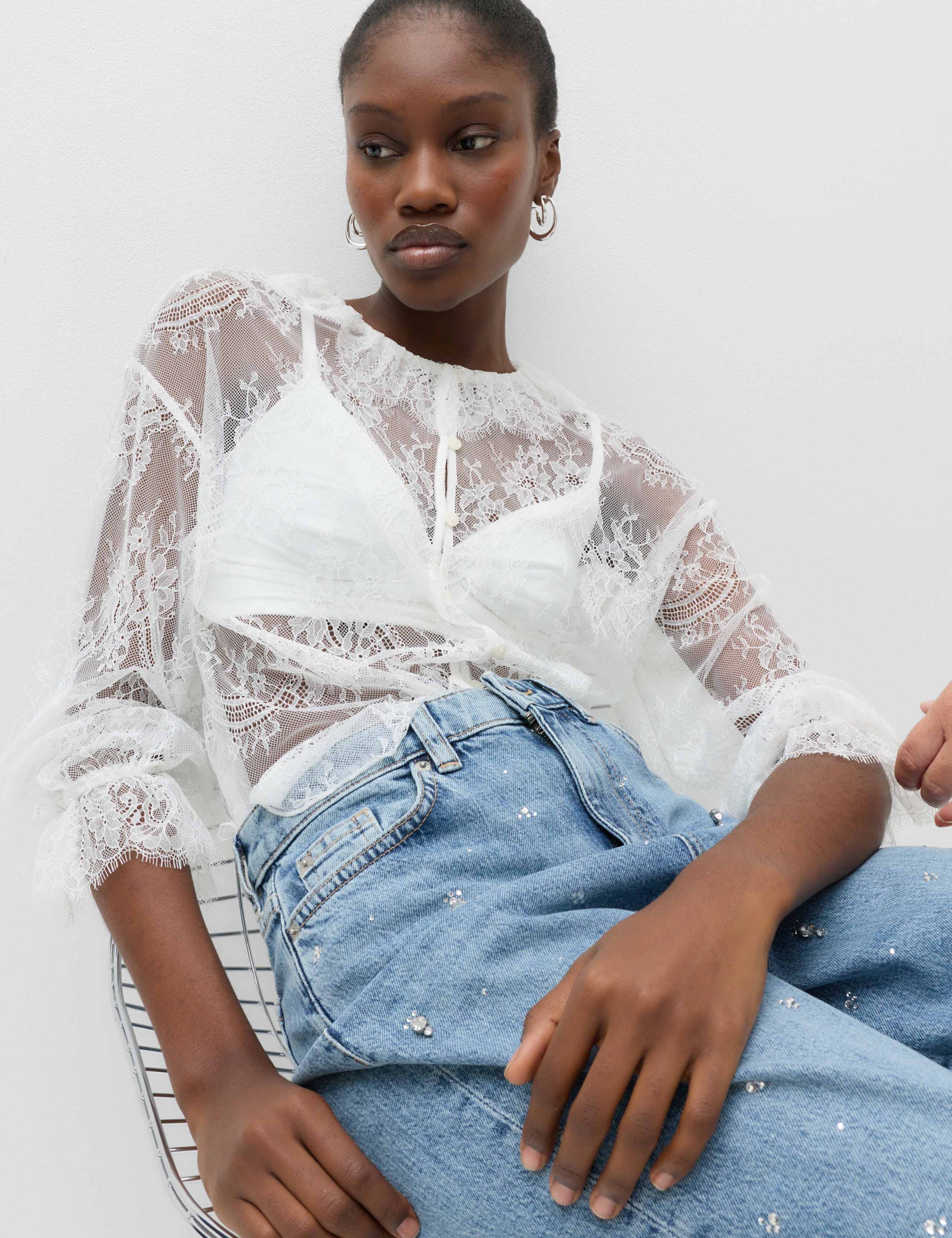 Lace High Neck Tie Detail Long Sleeve Top 5 of 6