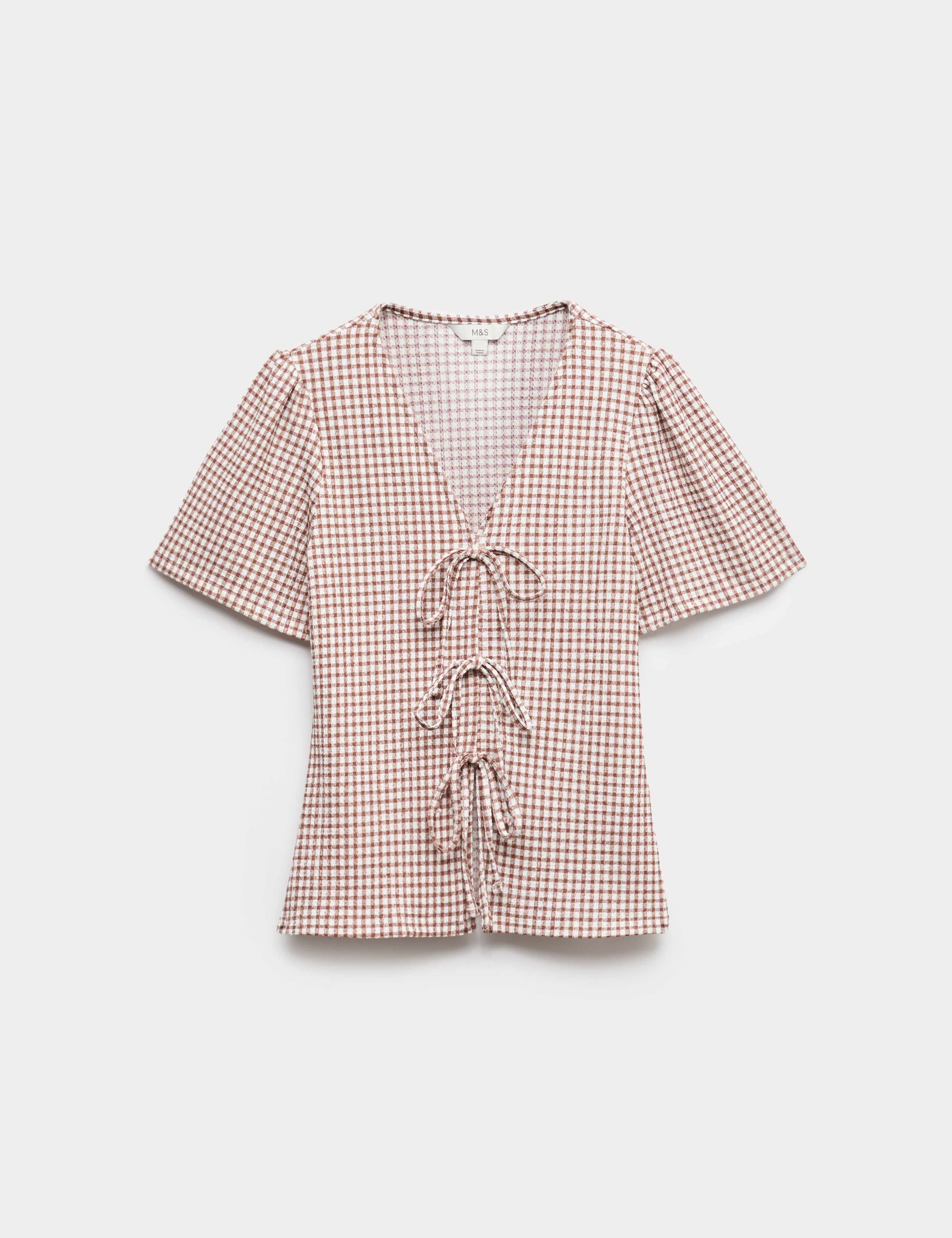 Gingham Textured V-Neck Tie Front Top 1 of 1