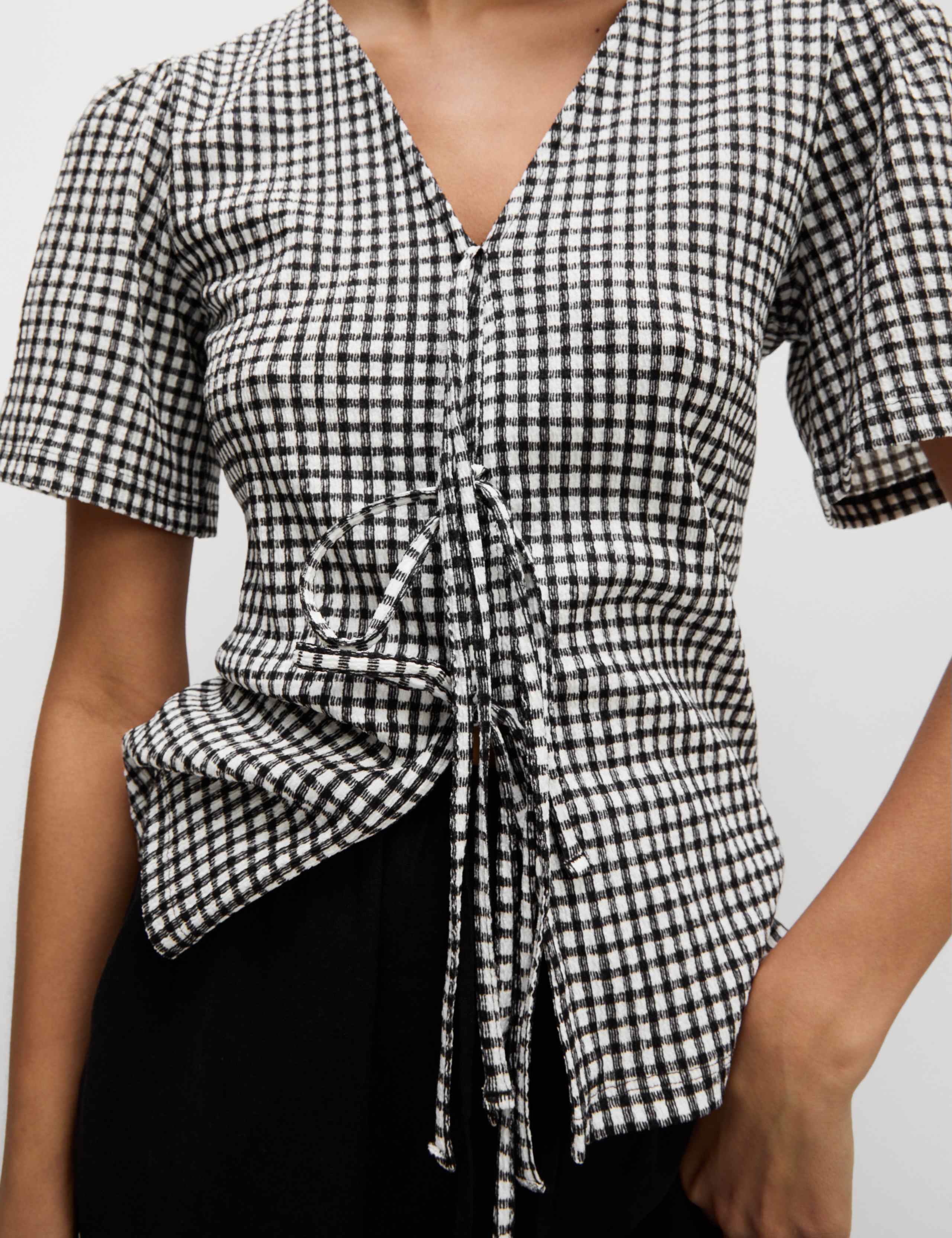 Gingham Textured V-Neck Tie Front Top 1 of 6