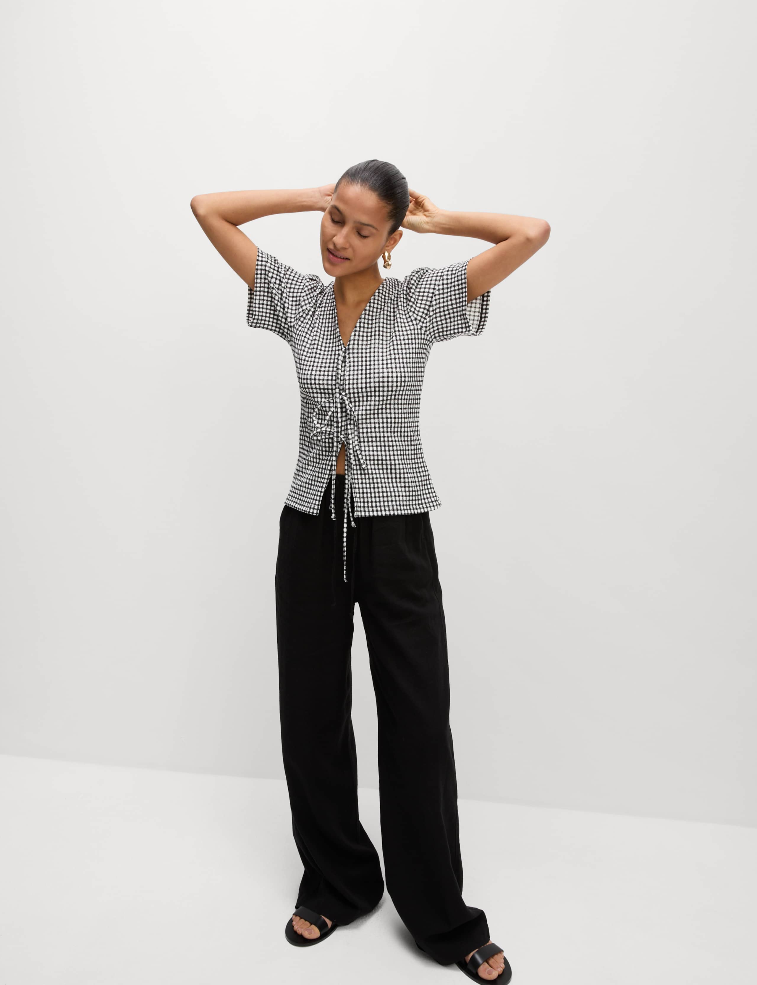 Gingham Textured V-Neck Tie Front Top 3 of 6