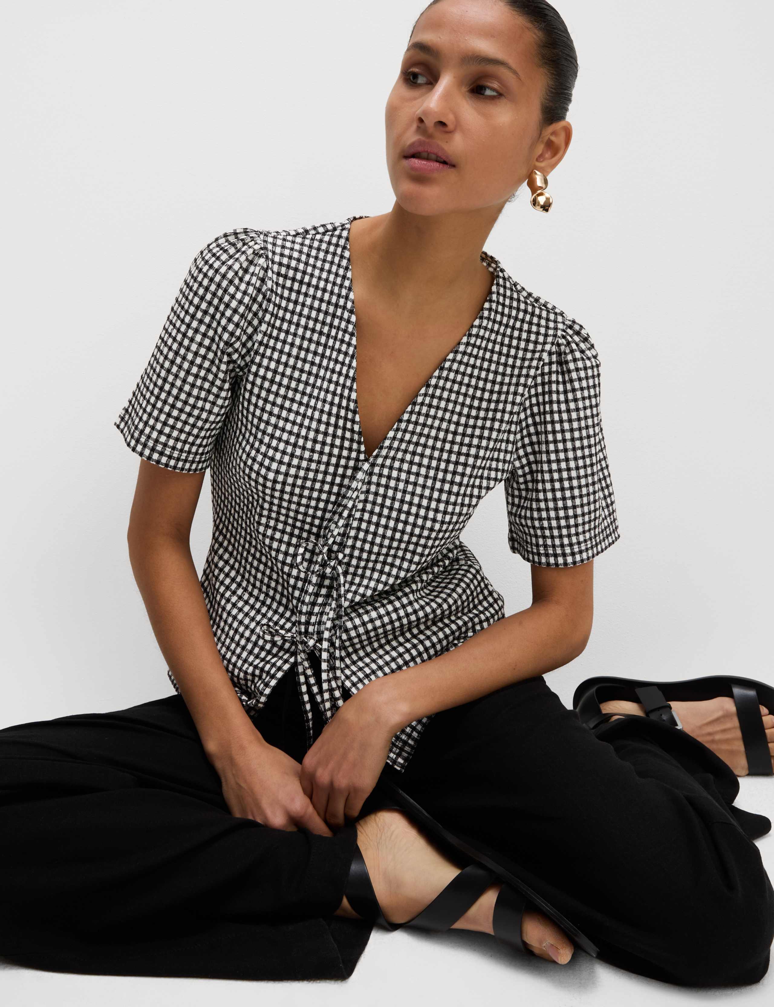 Gingham Textured V-Neck Tie Front Top 5 of 6