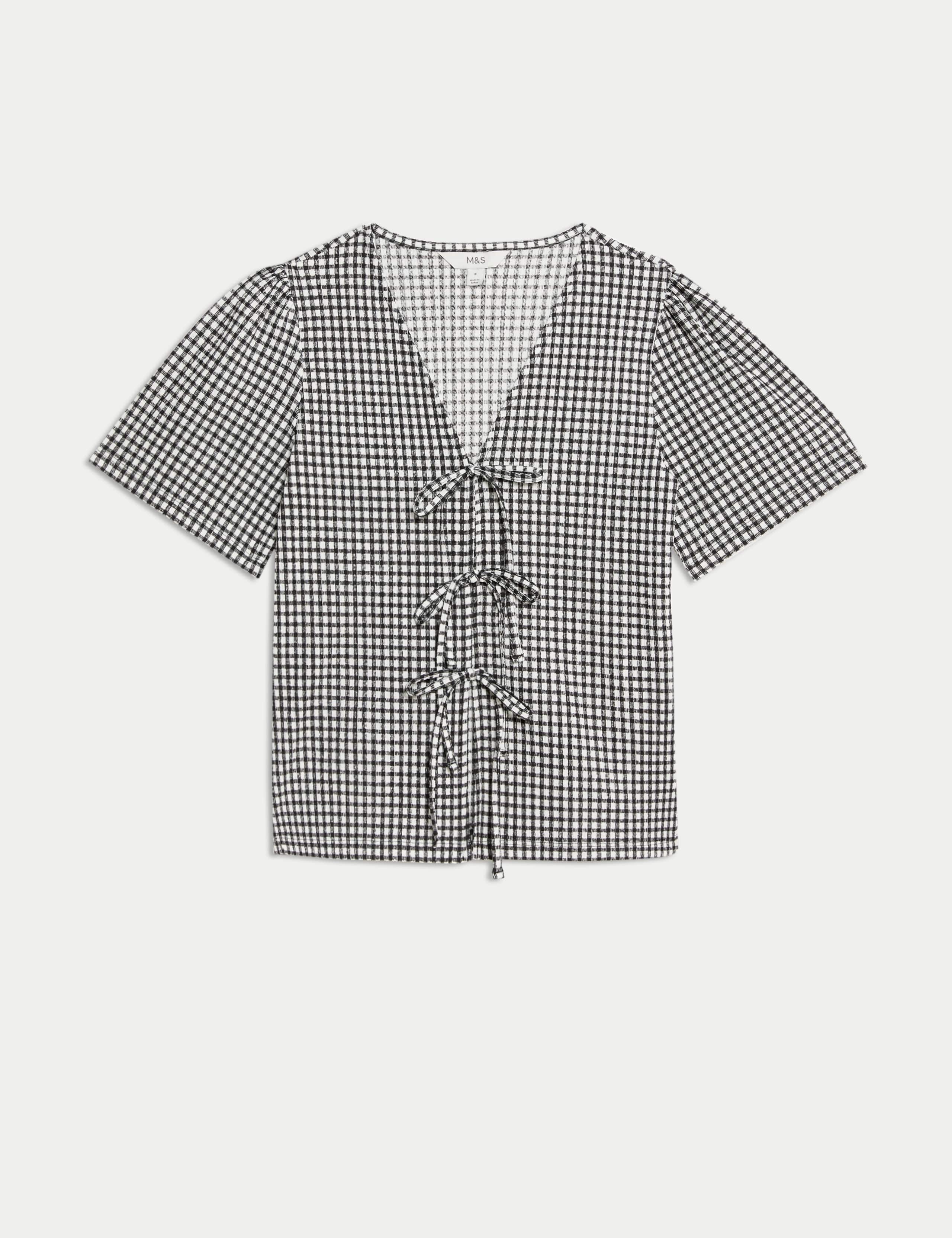 Gingham Textured V-Neck Tie Front Top 2 of 6